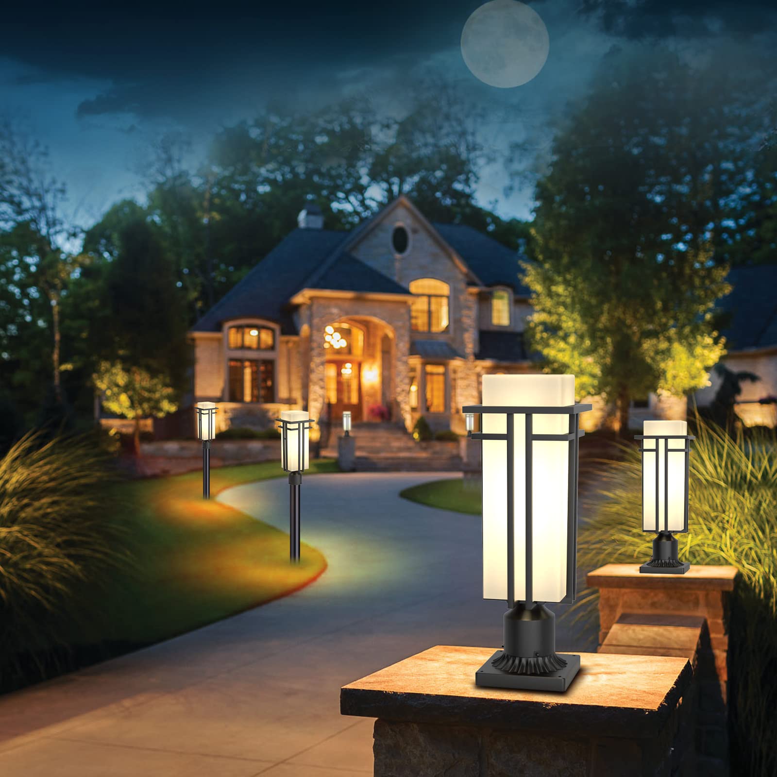 Yoenecea Outdoor Post Light Fixture - Aluminum Lamp Post, 19.3''H, Black and Milk White, Model YX-ZD01, 3-Inch Pier Mount Base