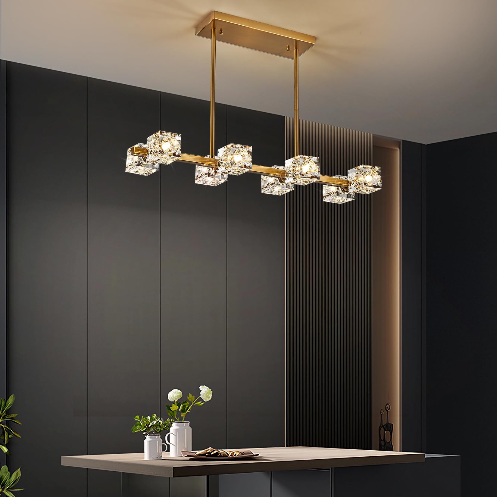 OKES Gold Modern Crystal Chandelier, 8-Light Rectangular Pendant Light for Dining Room, Kitchen Island, Model AM-0092-10H-2