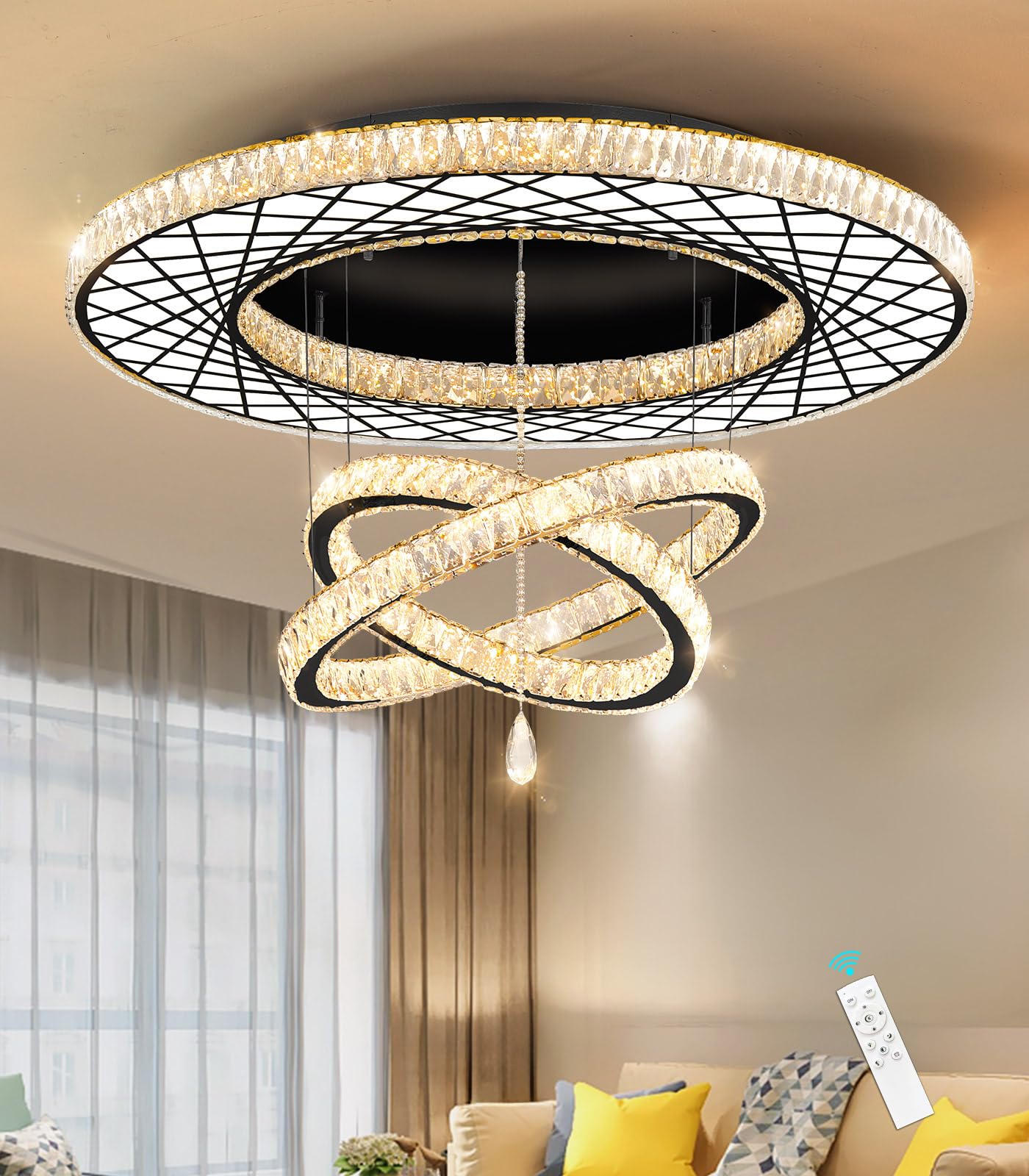 HAIXIANG Glam Chandelier 48 inch Black Crystal Ceiling Light with Remote Dimmable LED for Living Room - Model MMQ3831
