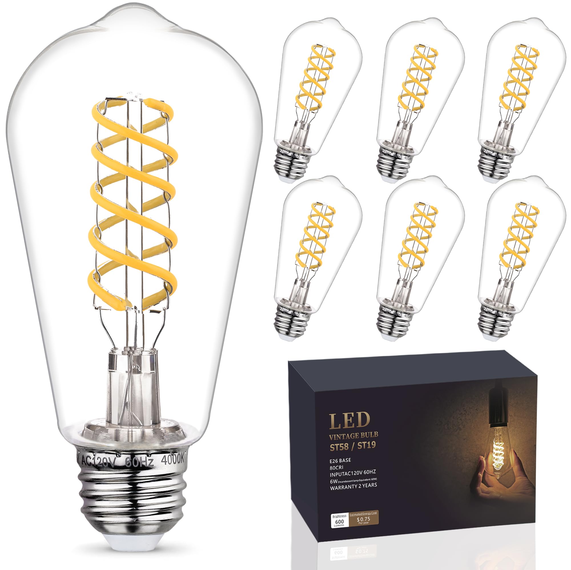 Emymlite 6-Pack Dimmable Vintage Led Edison Bulbs, E26 Led Bulb 60 Watt Equivalent, Neutral White 4000K, St19/St58 Antique Spira