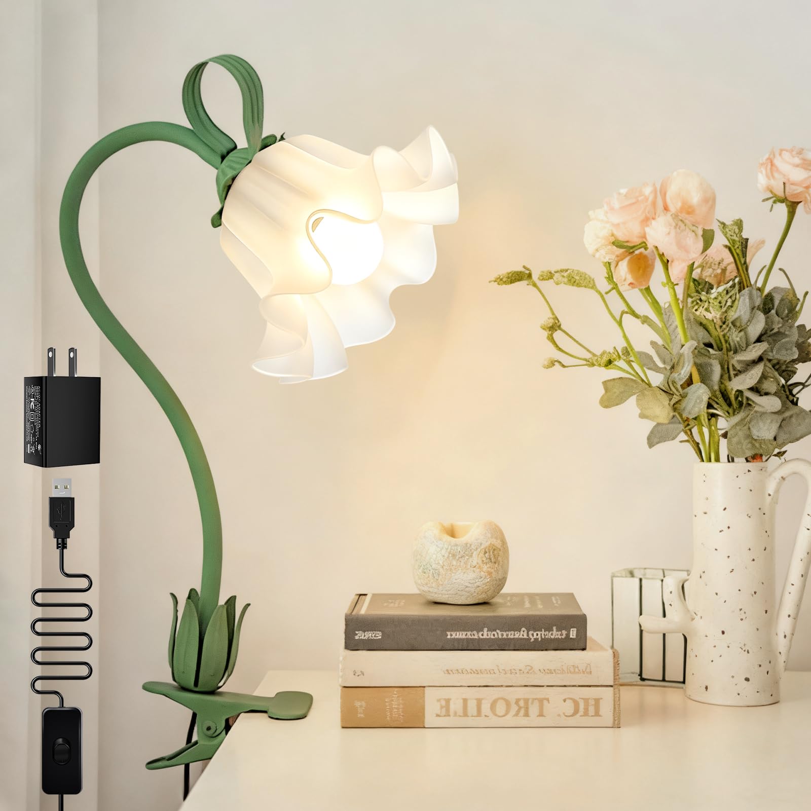 Clip On Light and Bed Headboard Lamp Valentines Day Gifts for Women Flower Desk Lamp with 3 Color Modes USB Power Gooseneck Reading Light Night Light for Nursery College Dorm Room Essentials (Green)