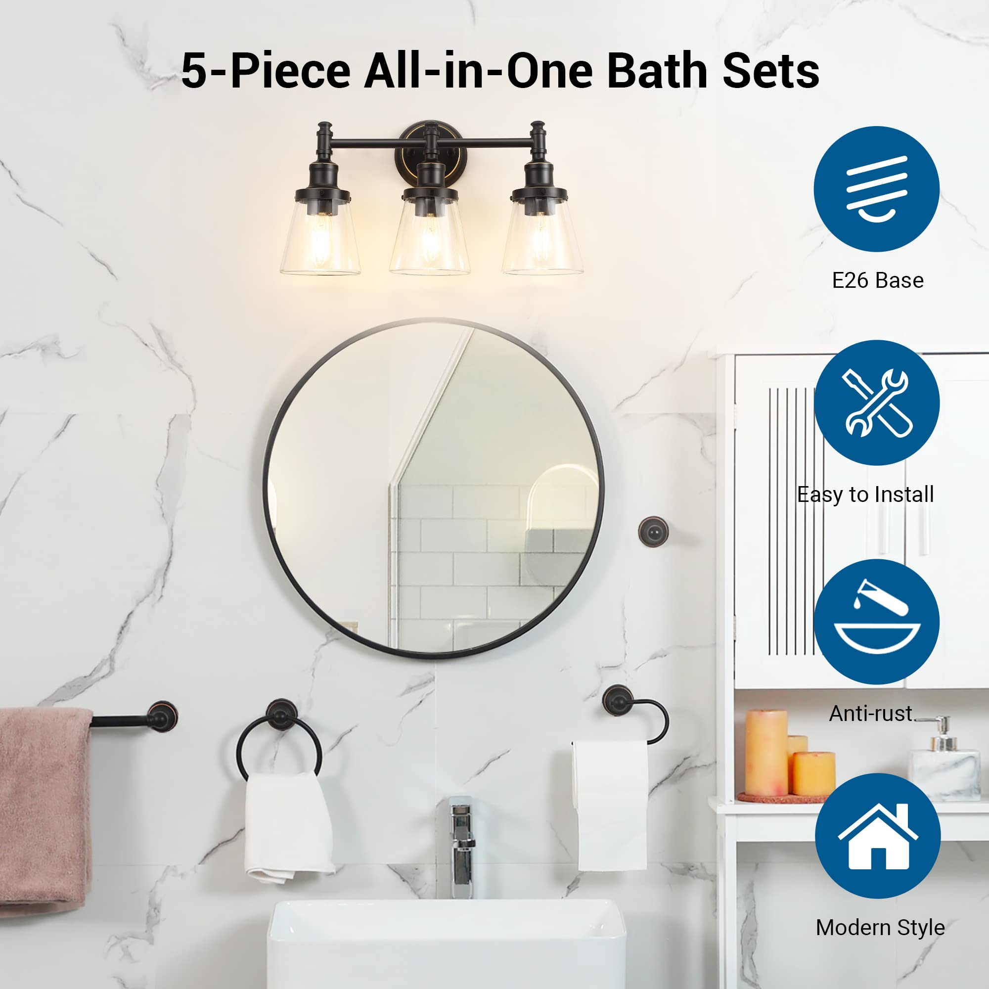 DEWENWILS Bathroom Vanity Light Fixtures, 5-Piece Set, 3-Light Sconce, Glass Shade, Black, Model HHVL01D