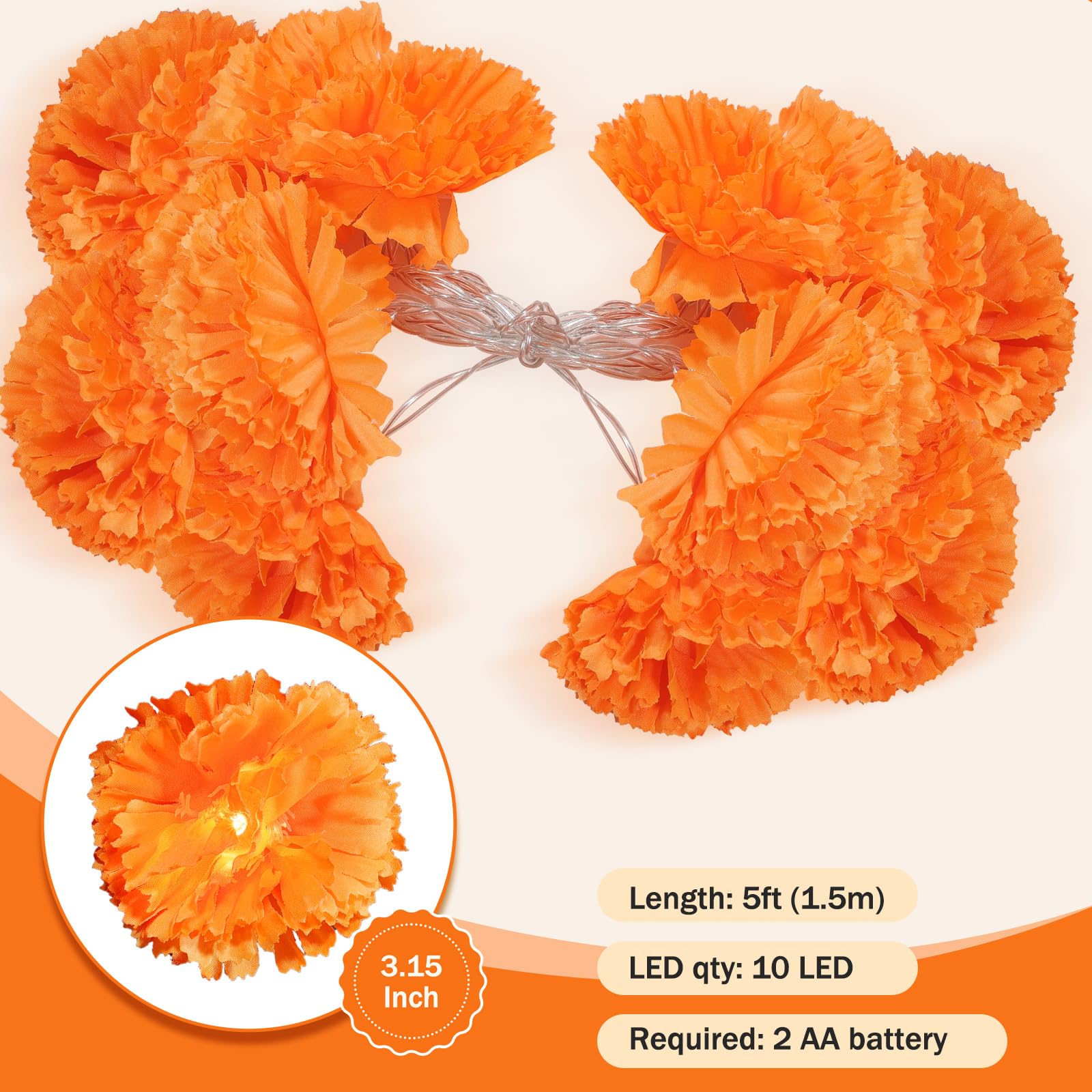 6 Pack Day Of The Dead Lighted Marigold Garland 10 Led Artificial Marigold Flowers String Lights Dia De Los Muertos Decorations For Halloween Diwali Indian Party (6  5 Ft 10 Led)