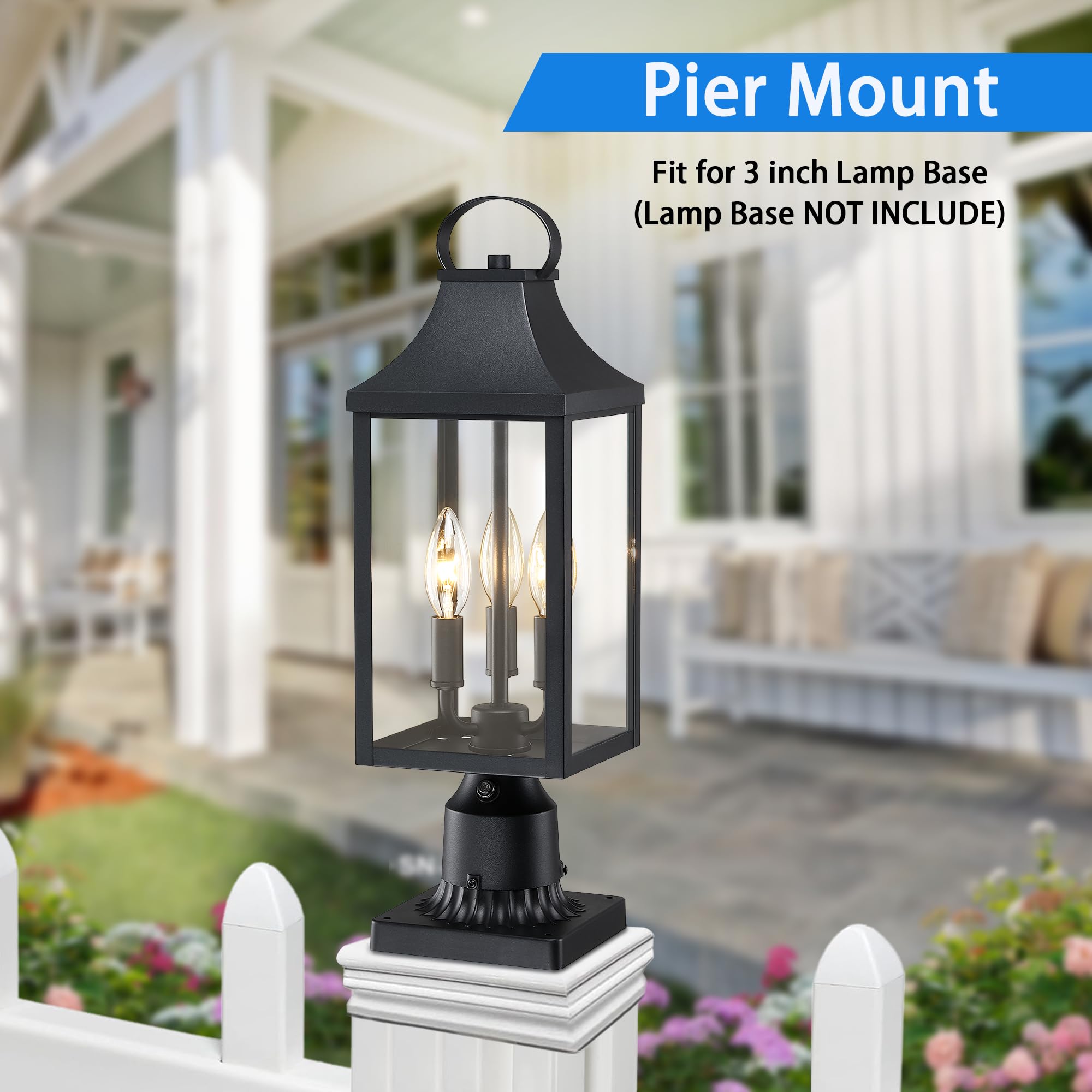 18.62'' Dusk To Dawn Post Light Outdoor, Large 3-Light Lamp Post Light Fixture, Modern Pillar Outside Lighting Waterproof Post Lantern Lamp Outdoor Post Light Fixtures Pole Lights For Porch, 1 Pack