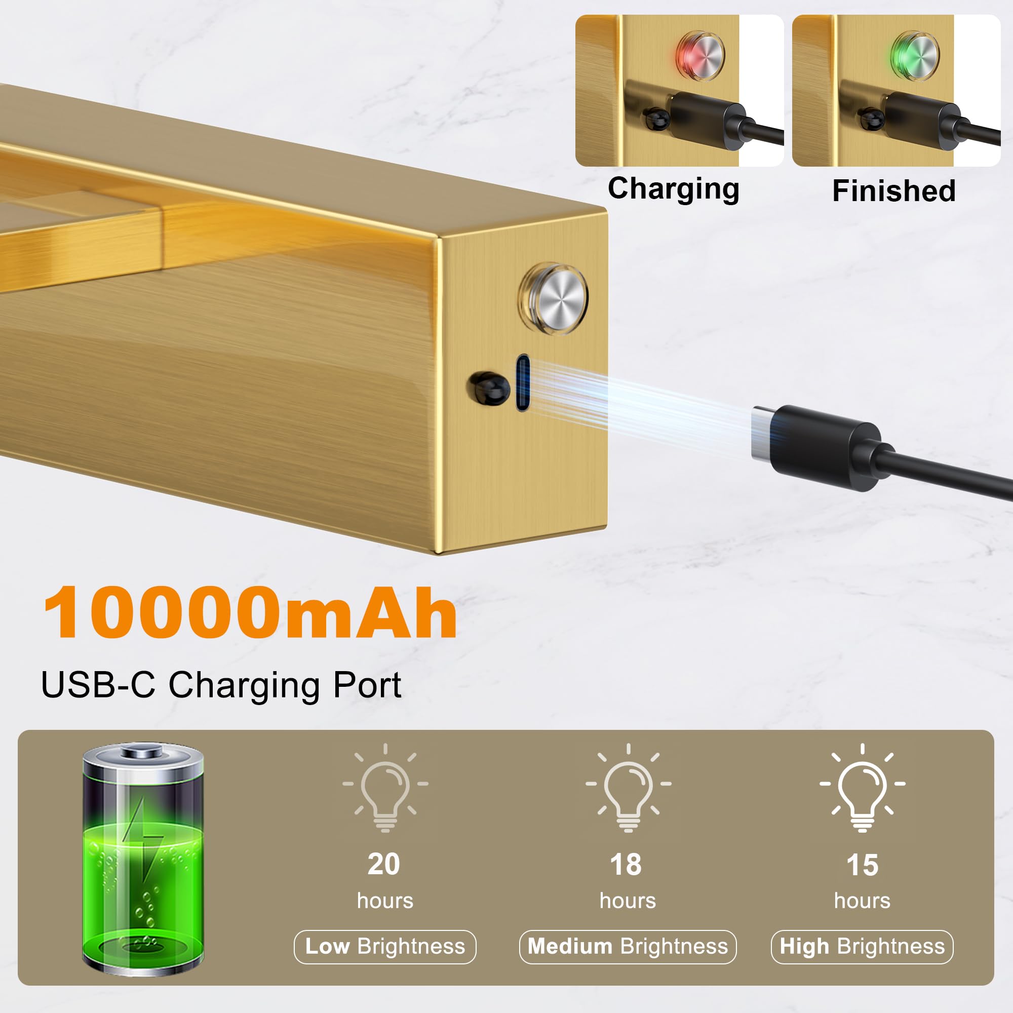 Aoceley 15.7in USB-C Rechargeable Wall Light, 10000mAh, 3CCT Dimmable, Remote/Touch Control, Battery Operated, Gold, Model