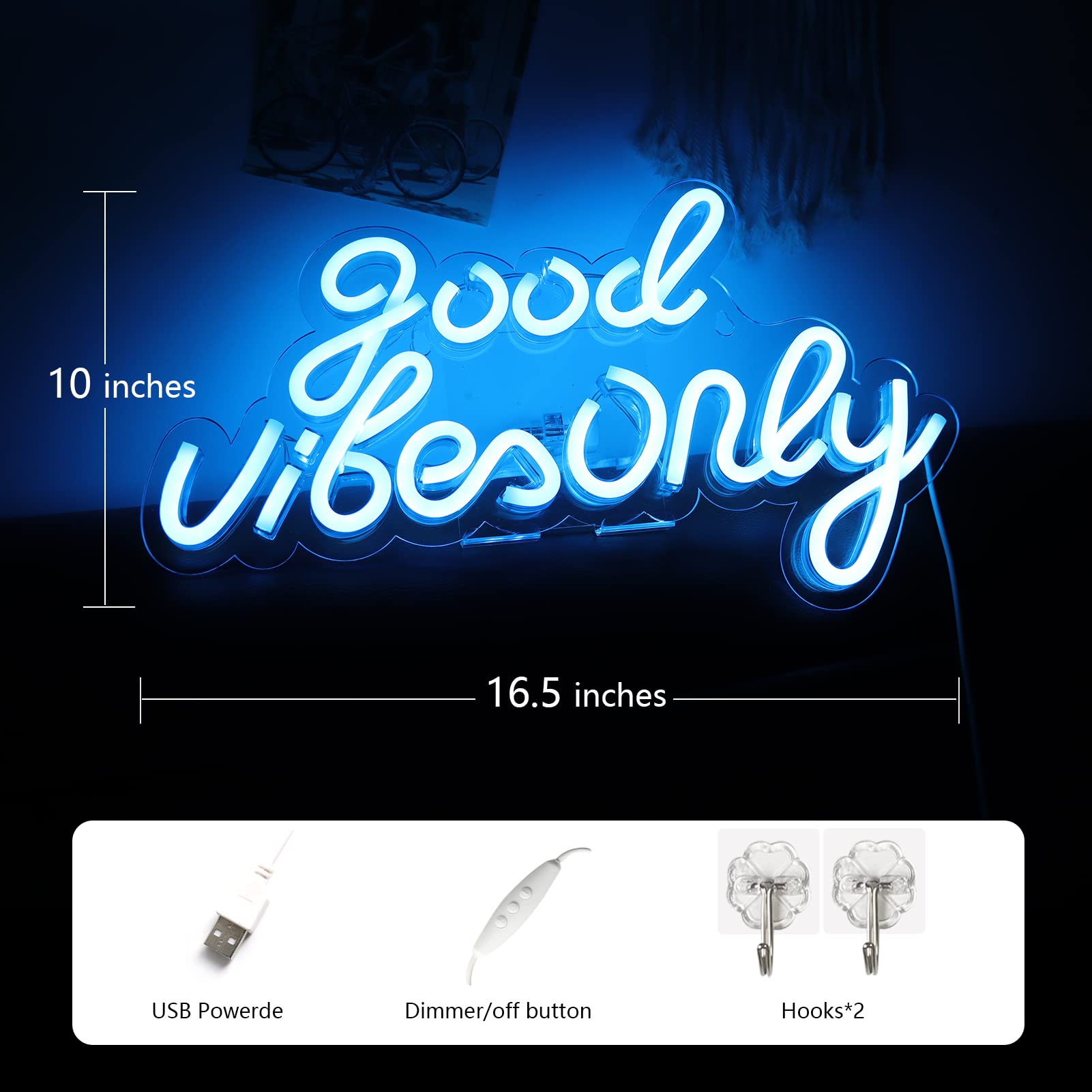 JFLLamp Neon Wall Sign Good Vibes Only LED Art 16.5x10 Inch Plastic Azure Model GBO-AZURE