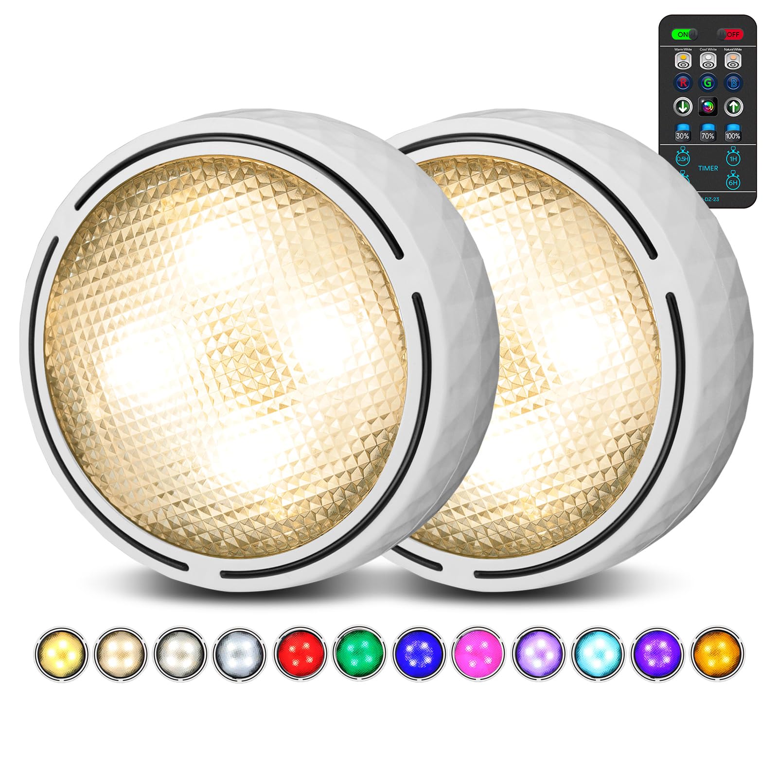 Tecomlight Led Puck Lights - Battery Operated, Wireless, Remote Control - 2 Pack - White - Under Cabinet & Closet Lighting