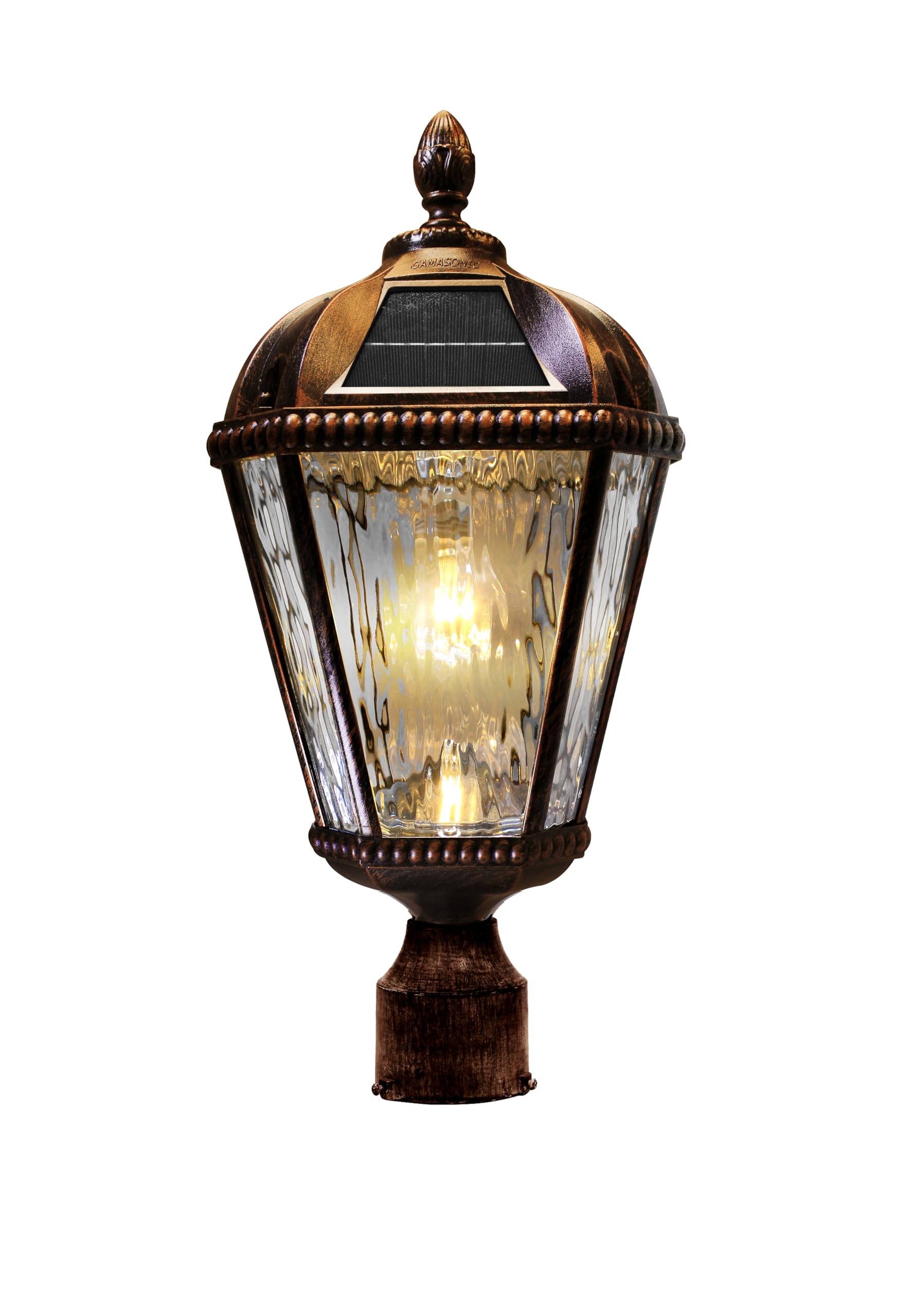 Gama Sonic Outdoor Solar Post Light, Brushed Bronze Finish Aluminum, Royal Bulb, Clear Rain Glass, 3-inch Fitter for Lamp Posts