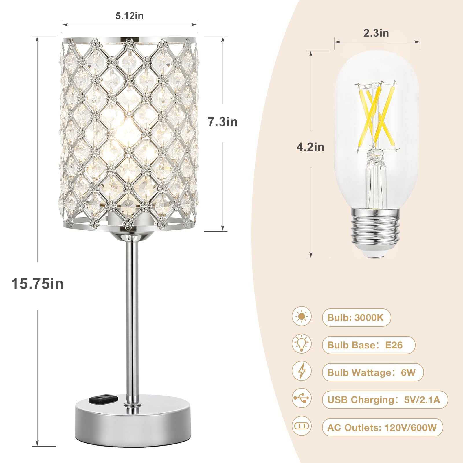 Hong-In Crystal Table Lamp, Crystal Lamp Touch Control With Usb-C Usb-A Charging Ports & Ac Outlets, 3 Way Dimmable Bedside Lamp