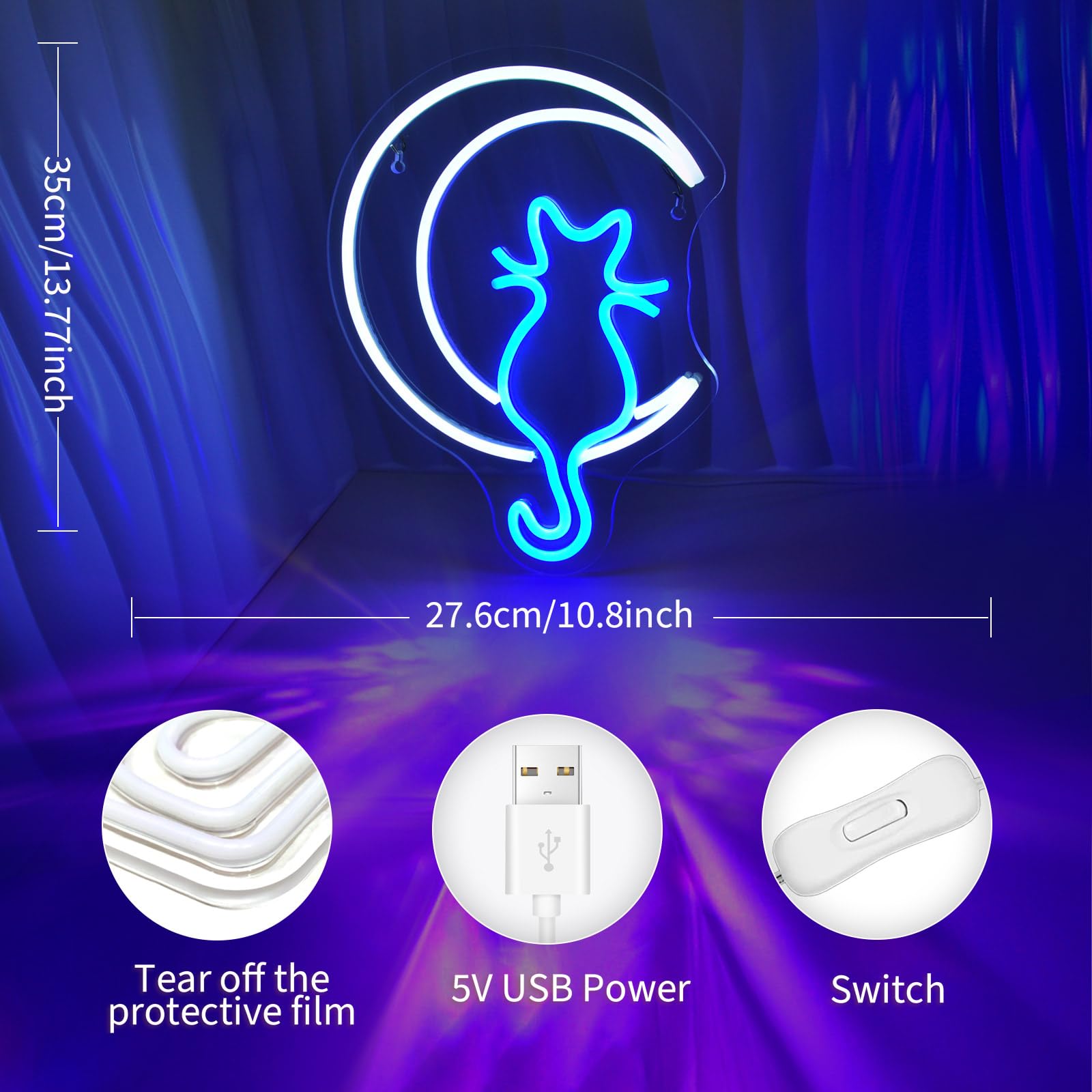 JEDAEMEN LED Neon Sign for Wall Decor - Moon Cat Design, USB Powered, Acrylic, 13.8 x 10.8 inches, White Blue