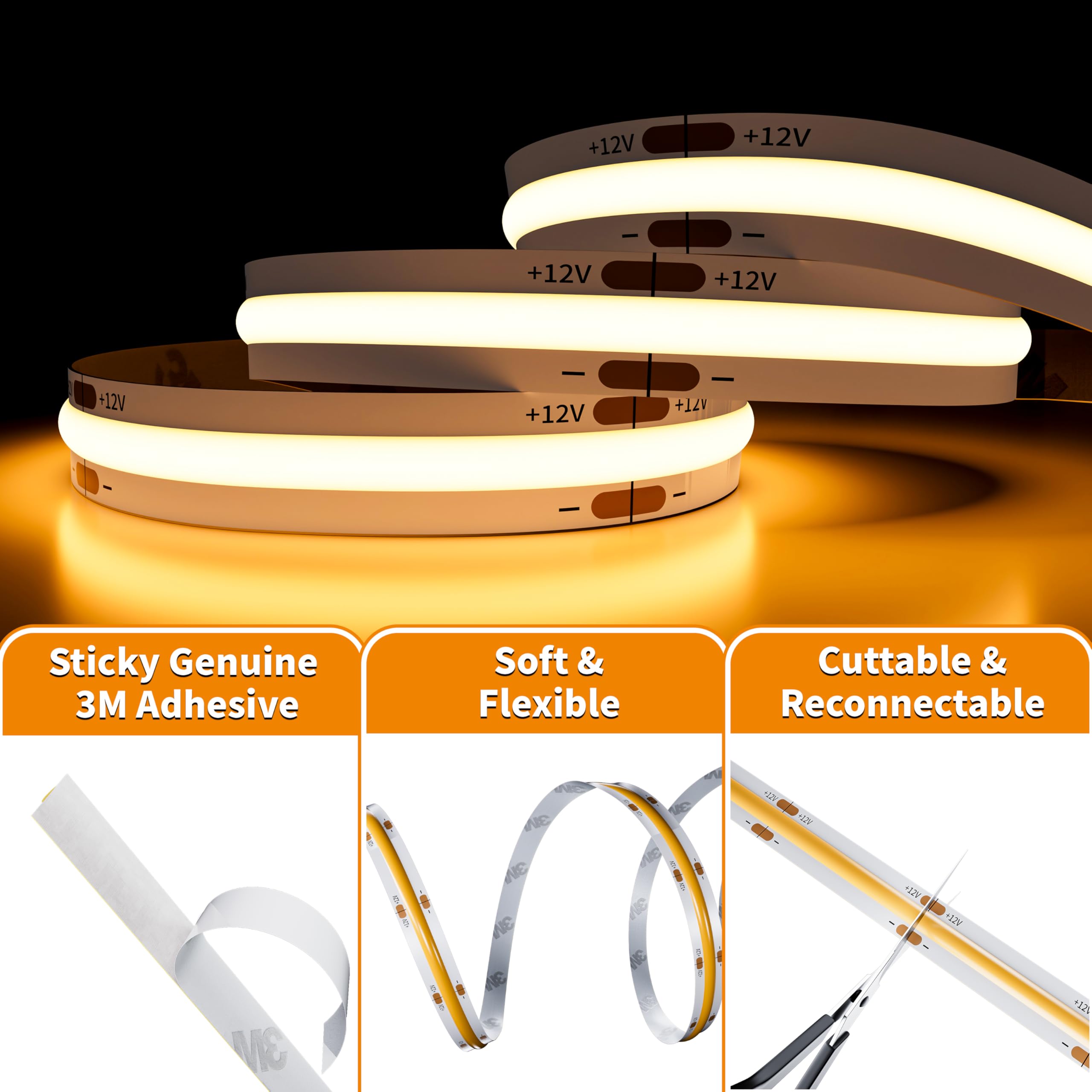 Pautix Cob Led Strip Light 2700K Dc12V,18Ft/5.5M Warm White Led Tape Lights For Kitchen Home Diy Lighting Projects With 1Pcs Con