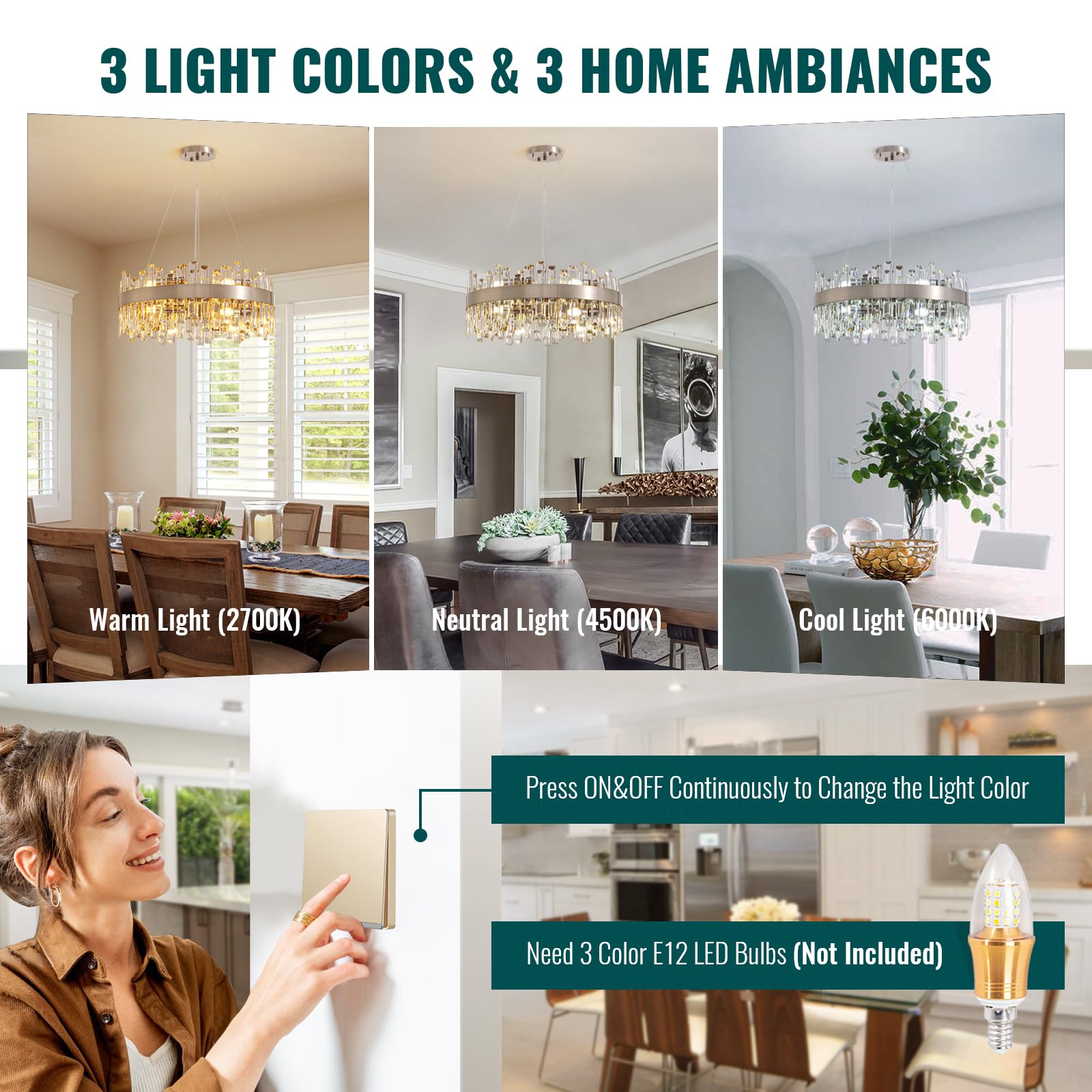 Siljoy Modern Crystal Chandelier, 12-Lights, Polished Chrome, Round D23.6'', Nickel, Model HLP12506SQG