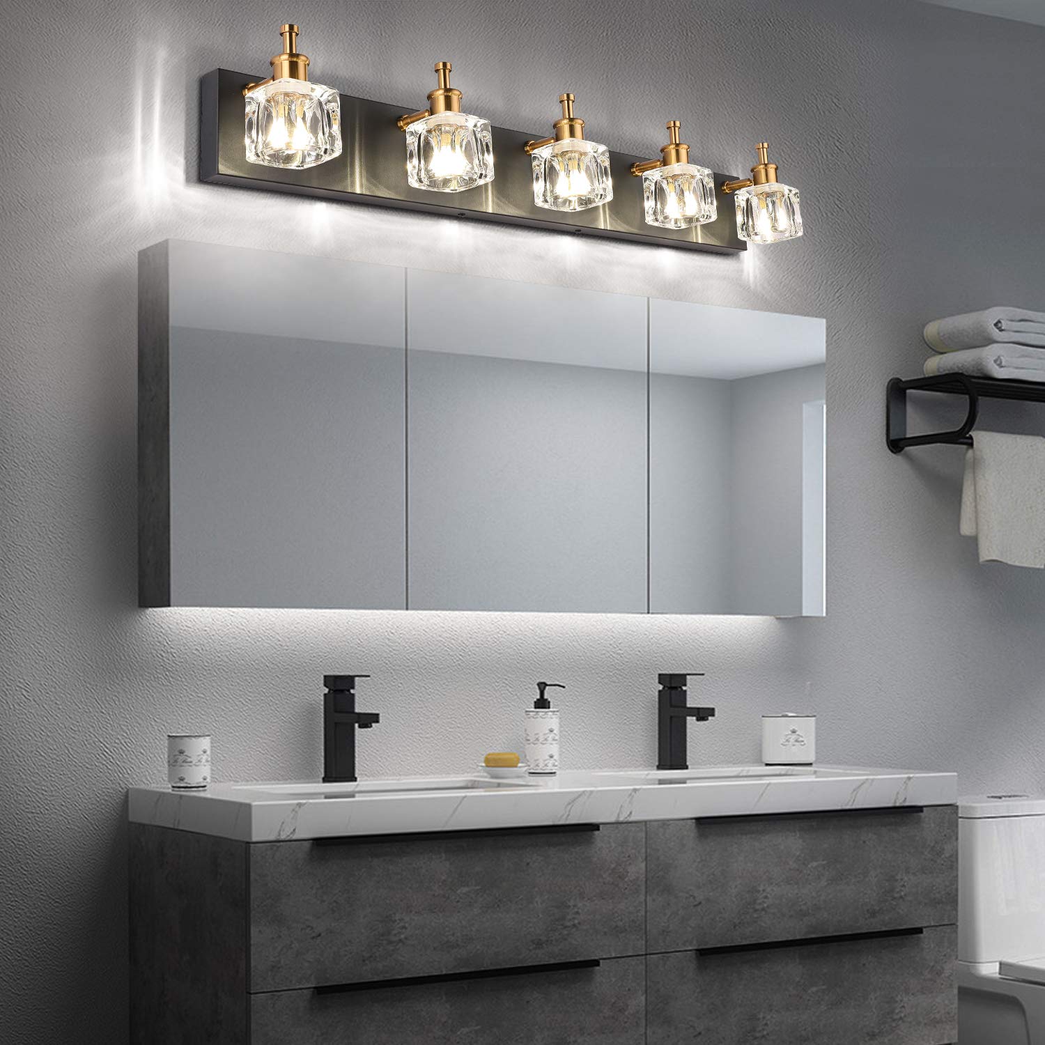PRESDE Black Bath Vanity Light Fixture - Modern 5-Light Sconce, Glass Shade, Matte Black, Model 7770-5T