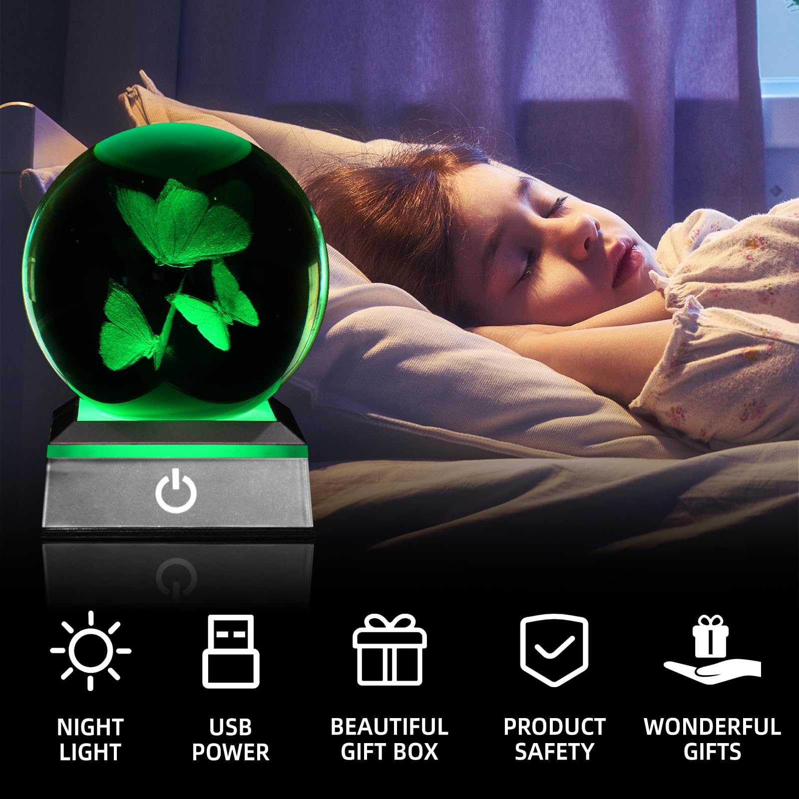 Oriamde 3D Butterfly Crystal Ball Night Light 3.15 Inch Butterfly Figurines Glass Ball Table Lamp With Color Changing Touch Base