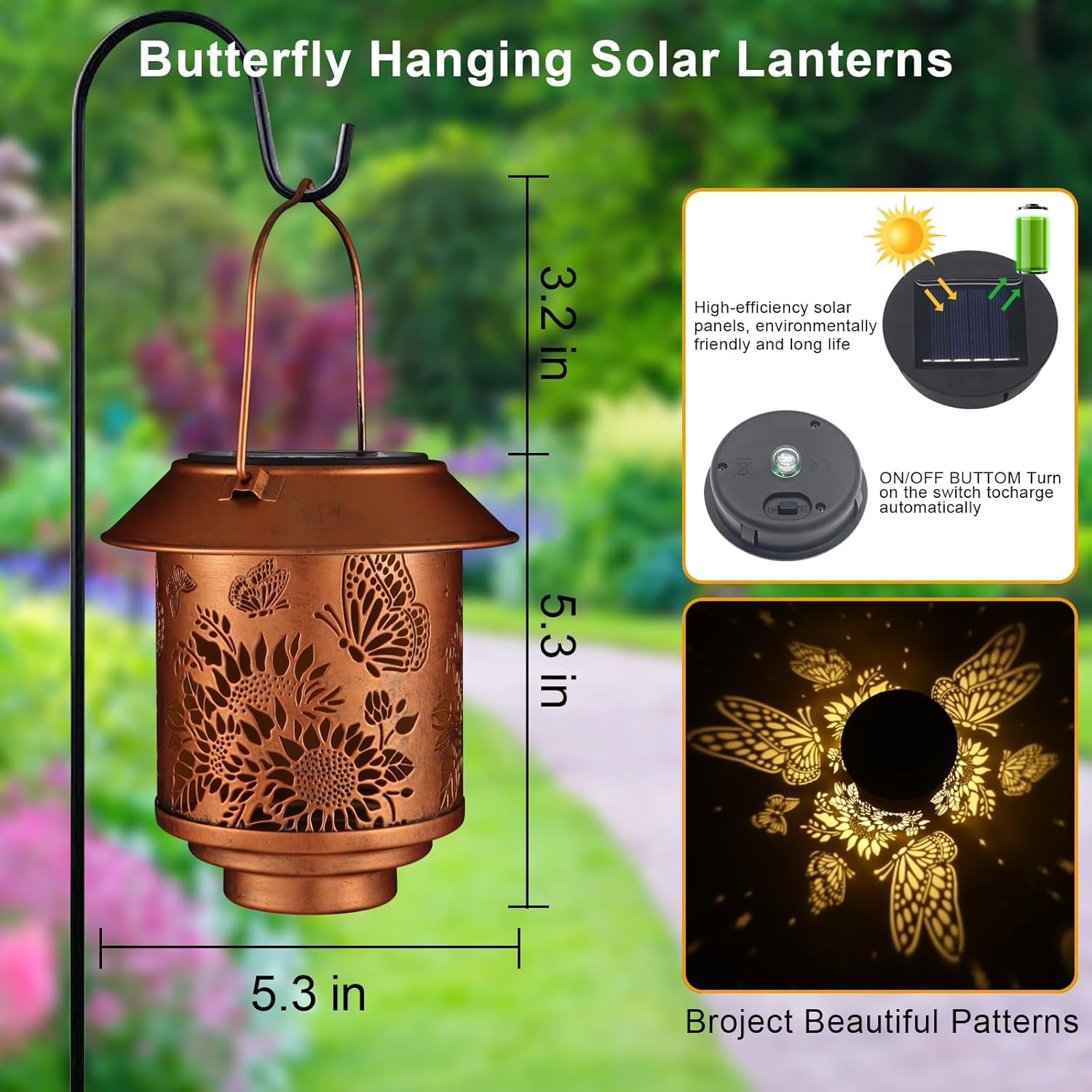 Doogarden Solar Lantern Outdoor Hanging Metal Garden Decor, Waterproof LED, Bronze, Butterfly, Model D-MTD102