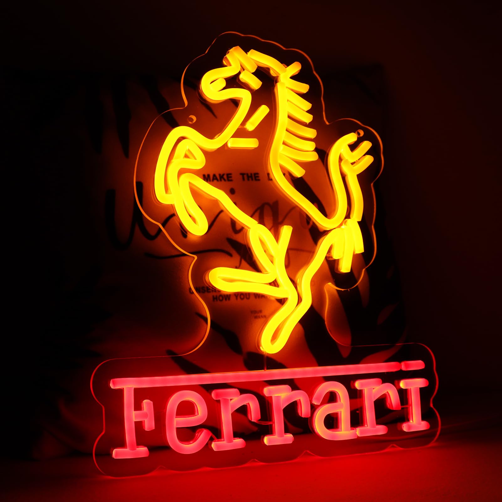 WonderfulLife Neon Car Logo Sign - LED Garage Decor, Ferrari Model, Plastic, Easy Hanging, Bright Light for Man Cave & Bar