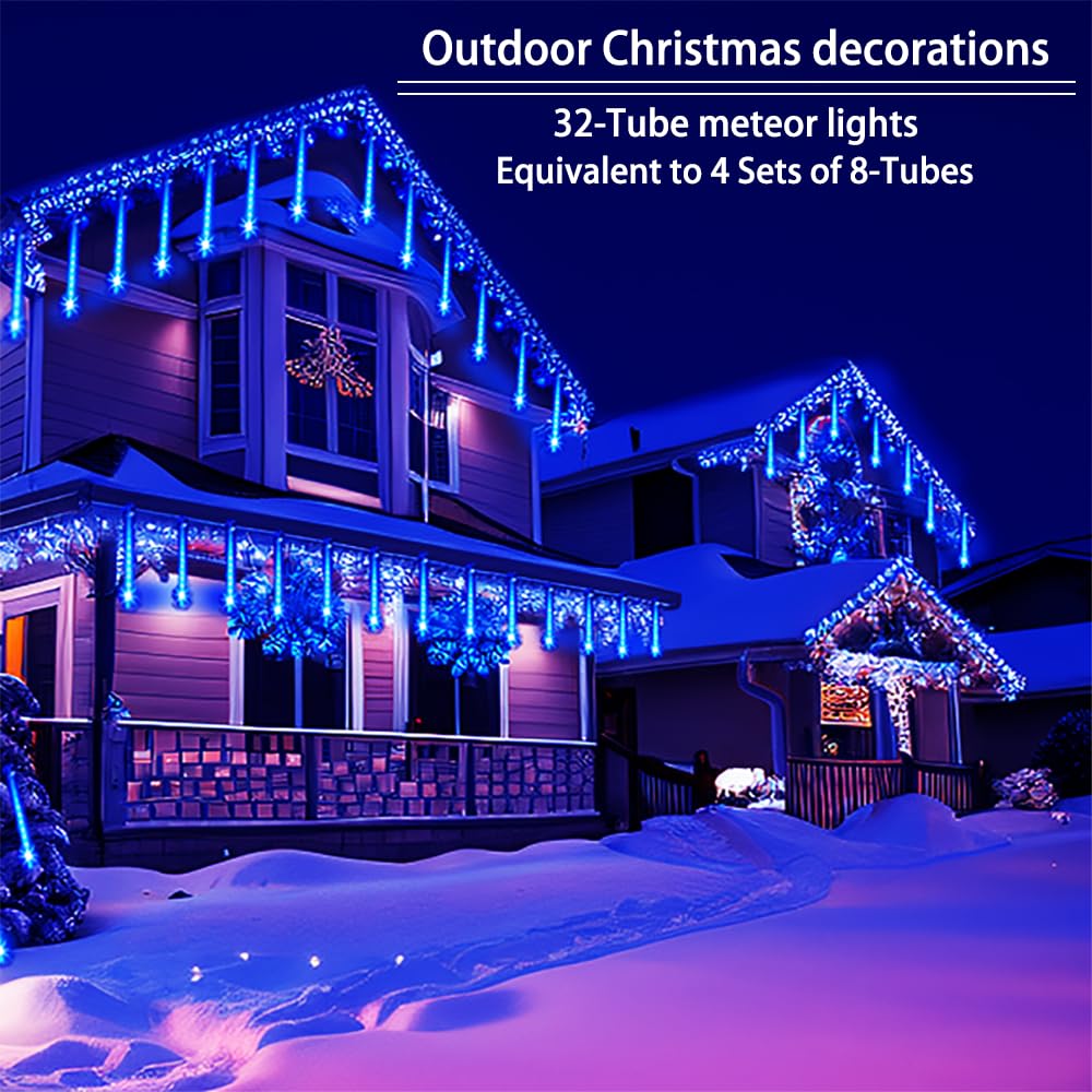Christmas Lights Outdoors, 32 Tubes(Equivalent To 4 Sets Of 8-Tubes) Meteor Shower Rain Lights - Blue Lcicle Christmas Light Out