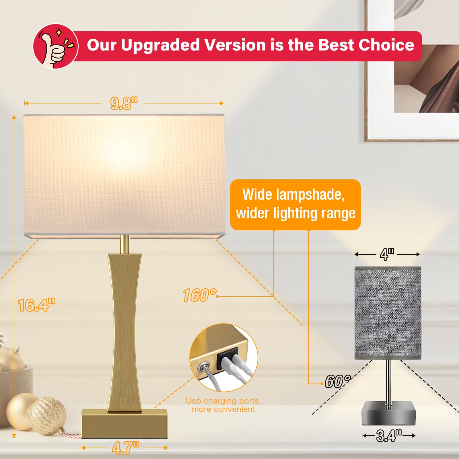 Seealle Bedside Lamps Set of 2 - 3 Way Dimmable Touch Table Lamps with USB C+A Ports, Metal, Gold & E. White
