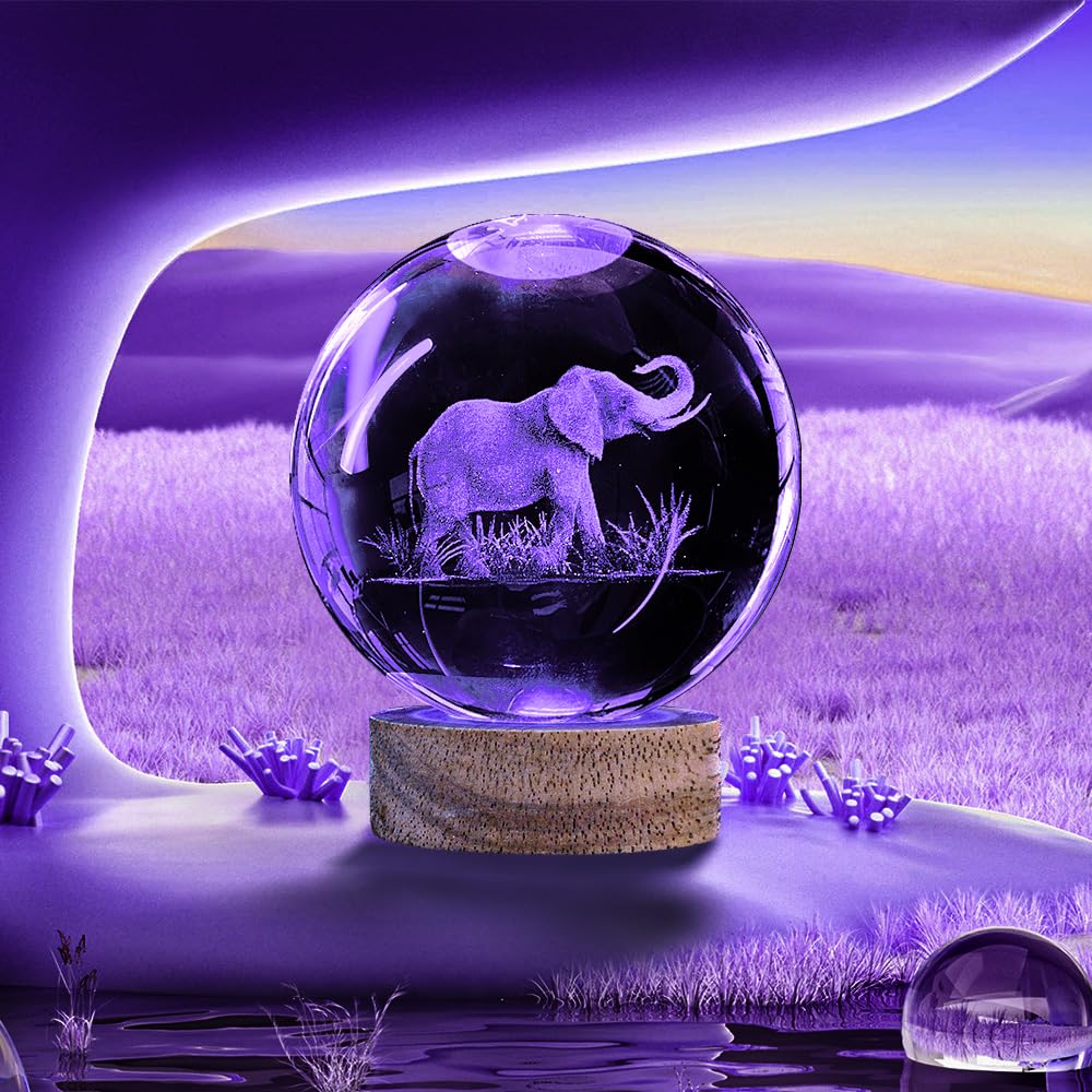 Oriamde 3D Elephant Crystal Ball Night Light 3.15 Inch Glass Ball Lamp With 16 Color Changing Wooden Base And Remote Control Elephant Gifts For Kids Friends Birthday Christmas Room Decor