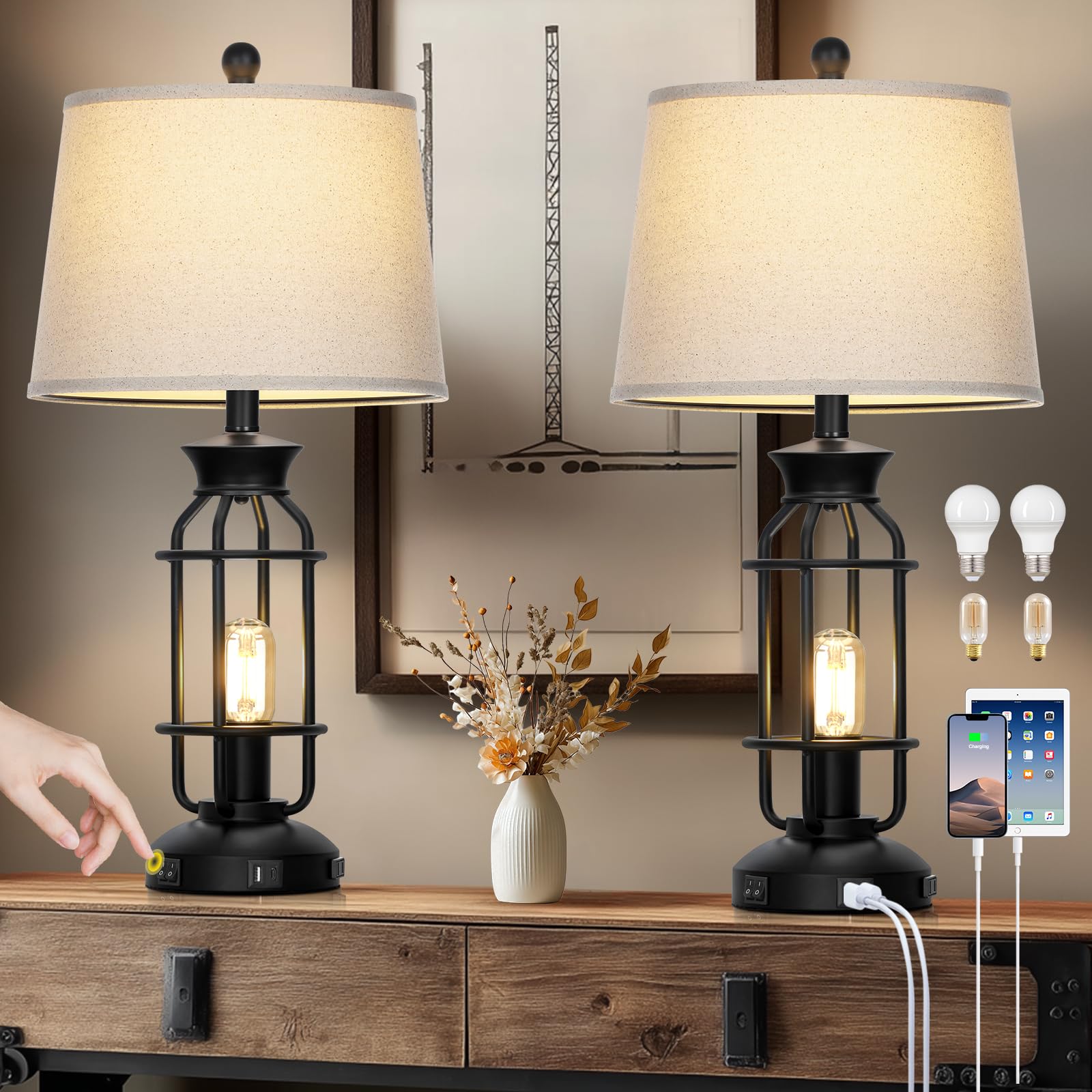 28 Vintage Table Lamps with USB C+A Ports & AC Outlet, Industrial Farmhouse Table Lamp Set of 2, Black Modern Nightstand Beside 