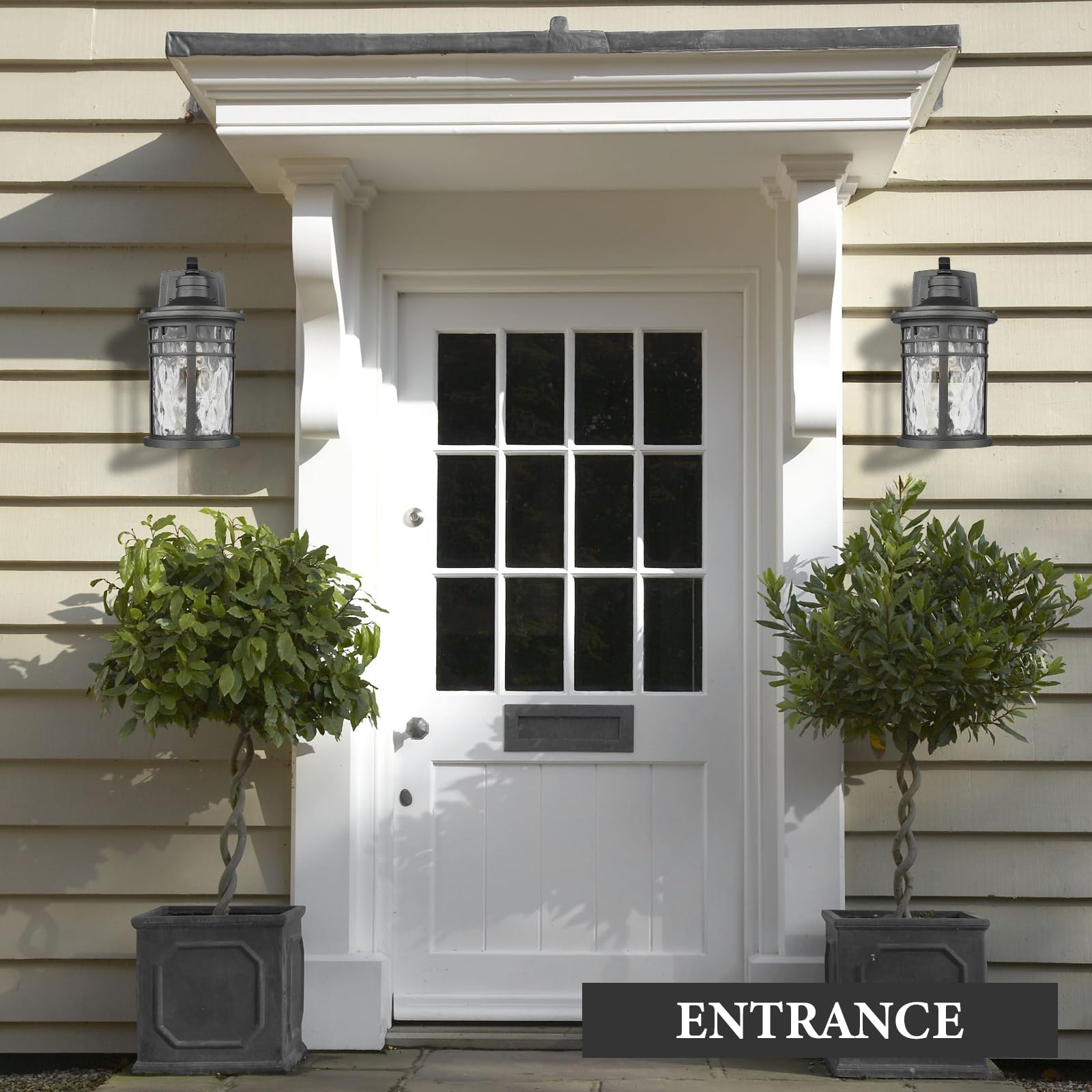 Darkaway Large Outdoor Porch Light Fixture - Waterproof Wall Sconce with Water Ripple Glass, Black - Model 6X20B-M BK+WG