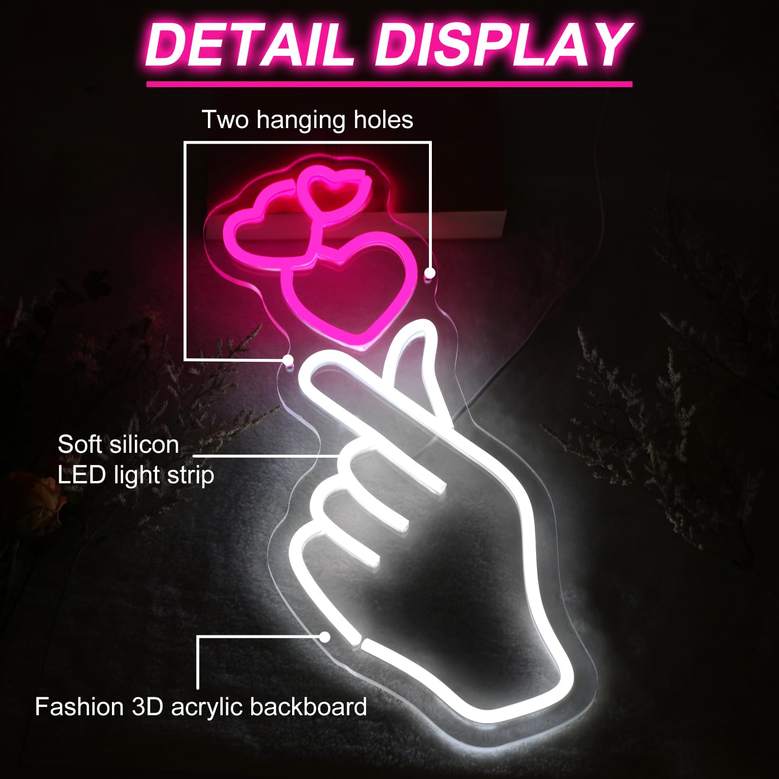 DMDMBSR Finger Heart Neon Sign, LED Dimmable Light for Home/Party/Wedding, USB Powered, 17.7inx7.1in, Small, Finger Heart Color