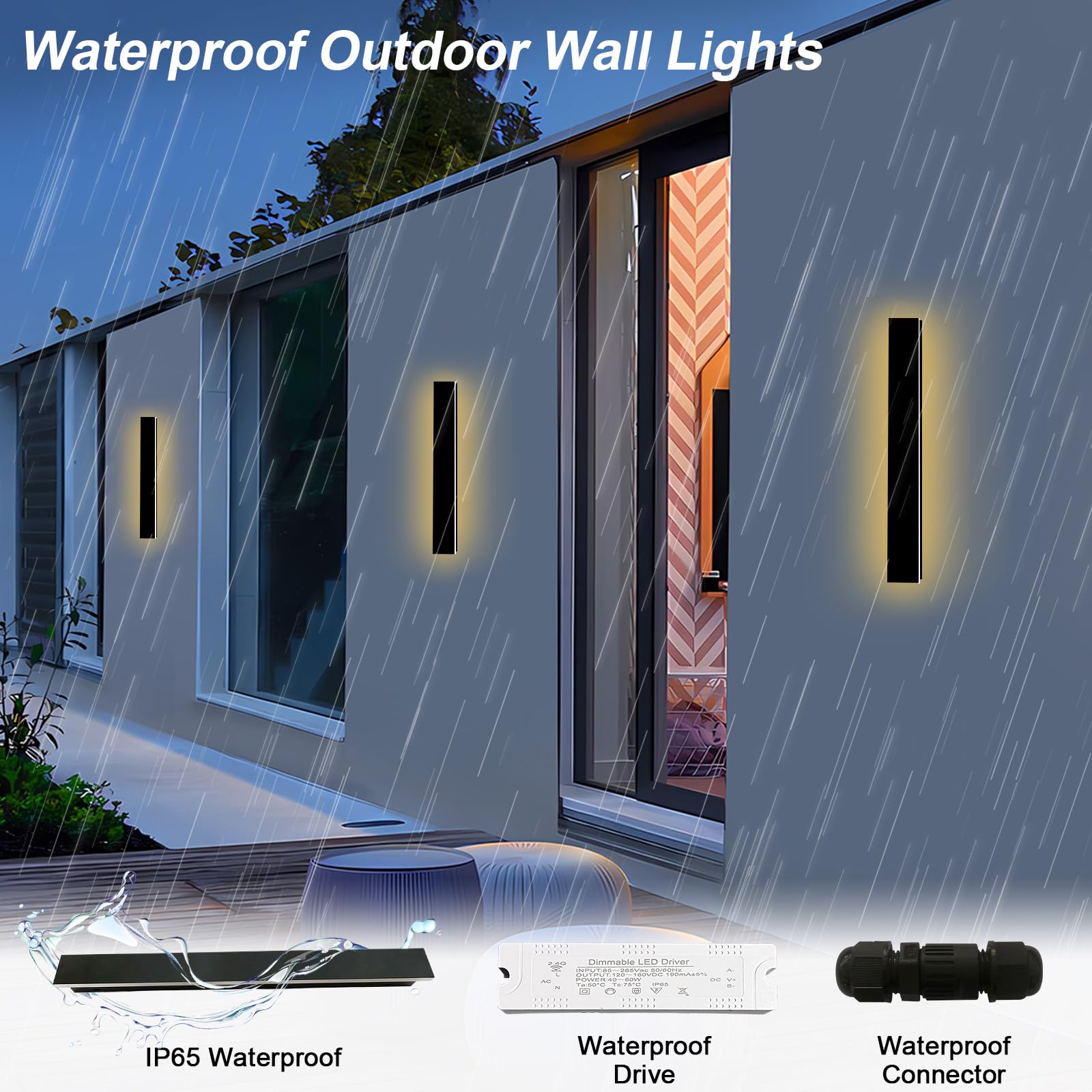 Gremlbuk 2 Pack 24In Long Outdoor Modern Wall Light,3000K-6000K /3Cct Dimmable Black Led Exterior Light Fixtures Wall Mount, Long Led Linear Wall Lamp Outside Lighting For Garage, Front Door
