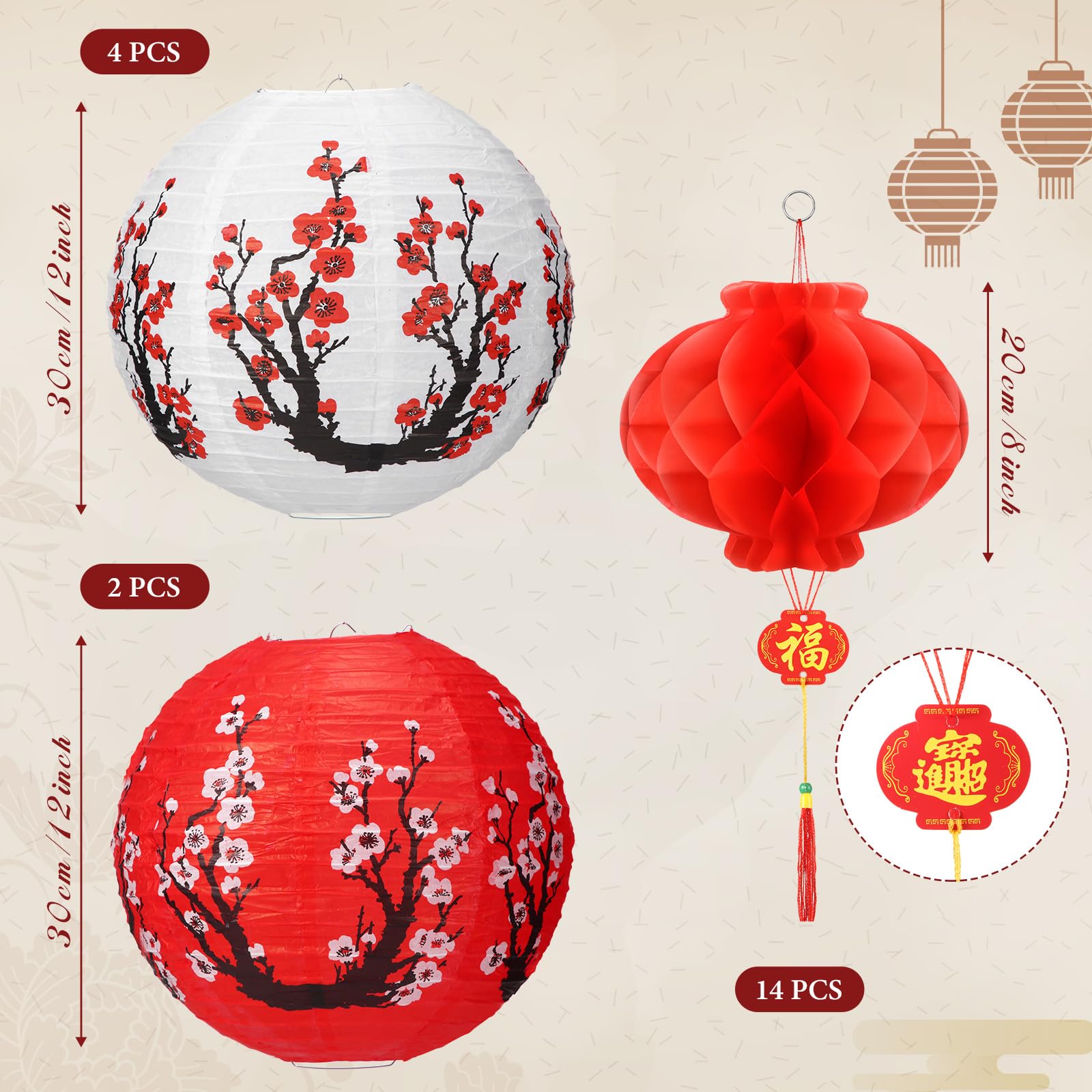 Fumete 20 Pcs 12" Chinese Japanese Paper Lanterns And 8" Red Lanterns Hibachi Party Decorations Cherry Blossom Decorative Hanging Lanterns For Chinese New Year Home Restaurant(Red, White)
