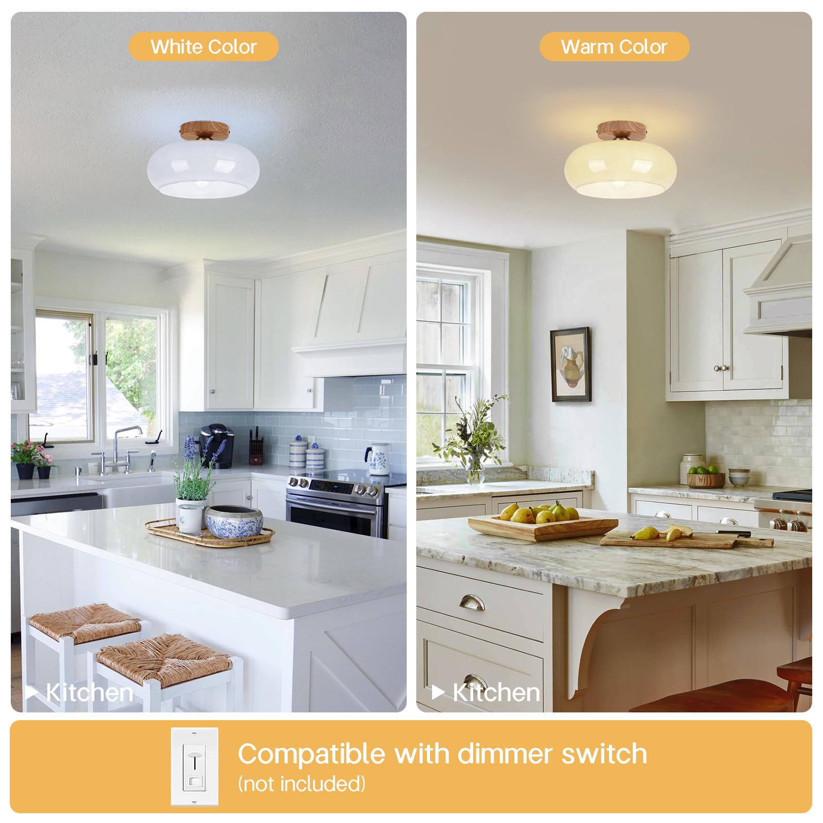 Clarsyne Mid Century Modern Schoolhouse Semi Flush Mount Ceiling Light  Cream Glass Lamp With Wood Grain Metal Base  Rustic Farmhouse Lighting Fixture For Bedroom  Hallway  Dining  Living  Entryway