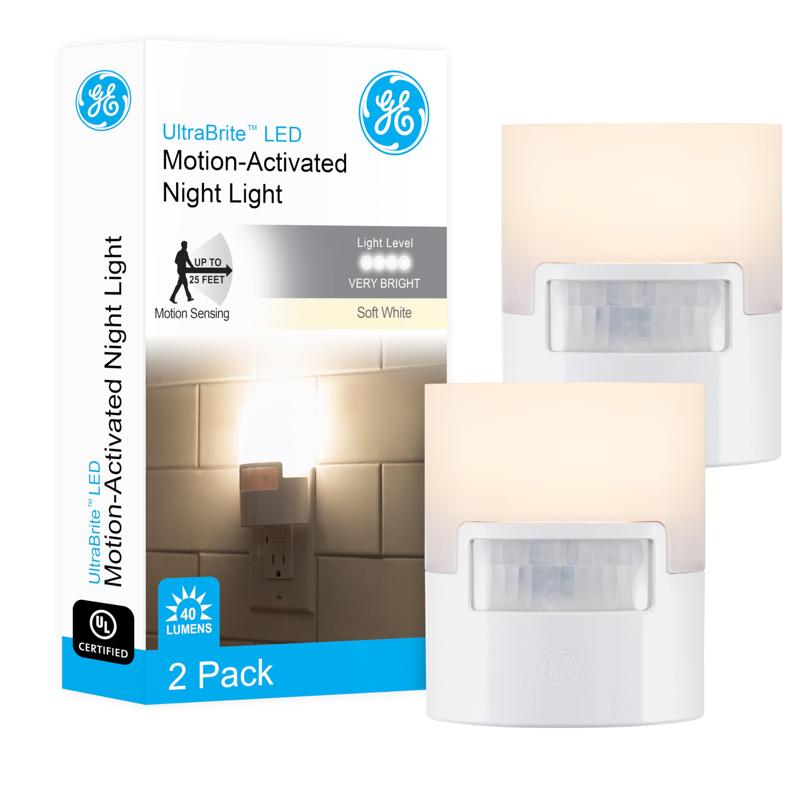 GE home electrical LED Motion Sensor Night Light, 40 Lumens, Plastic, 2 Pack, White, Model 46632