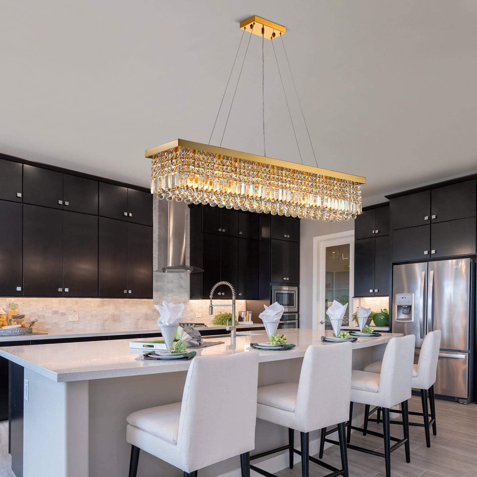 Siljoy 10-Light Crystal Chandelier, Gold Rectangular Flush Mount, Stainless Steel, 47in  L x 10in  W x 10in  H, Modern Design for Dining Room
