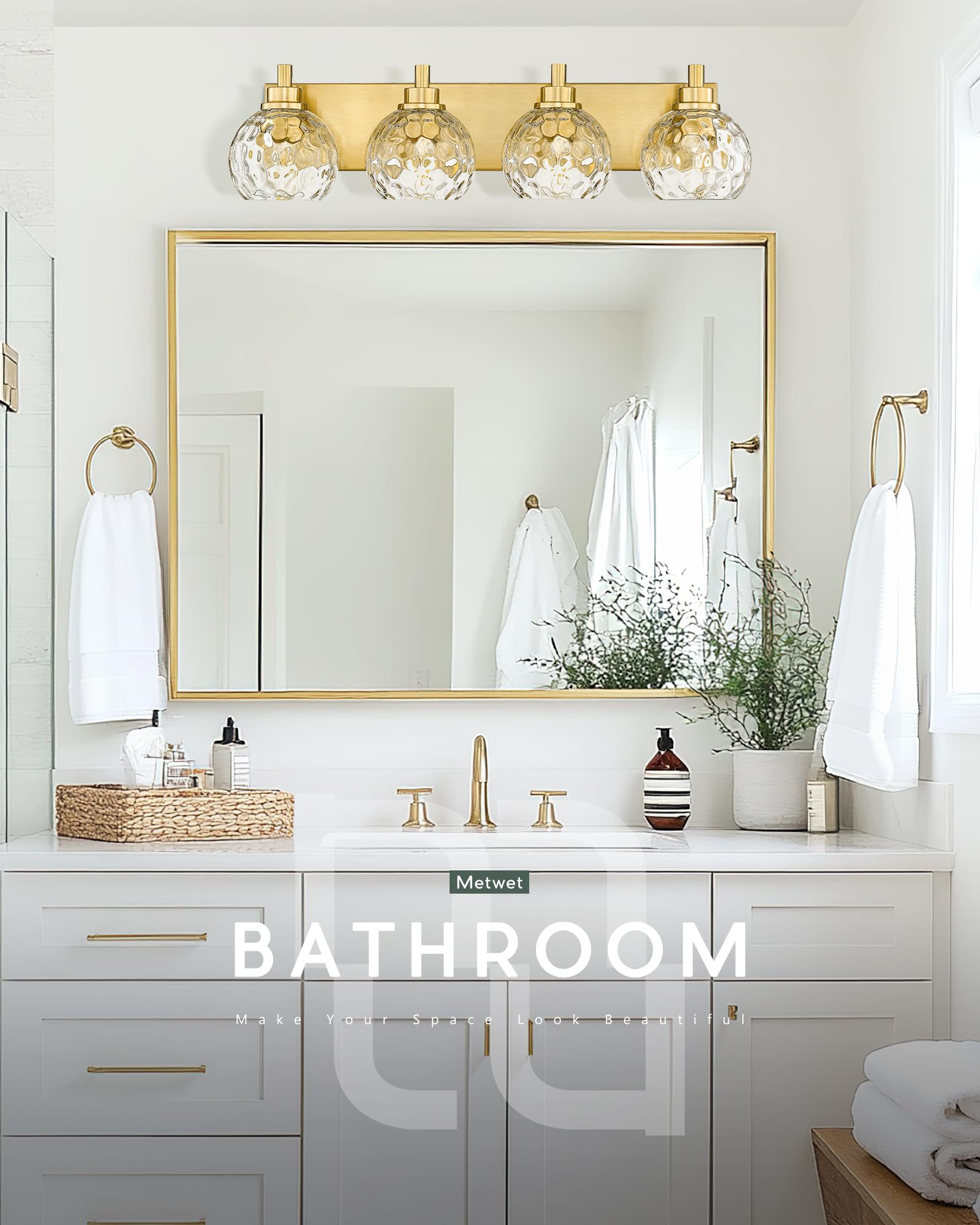 METWET 4-Light Bathroom Vanity Light Fixture, Brushed Gold with Clear Hammered Glass Shade, Model VL200-BG-CL-4