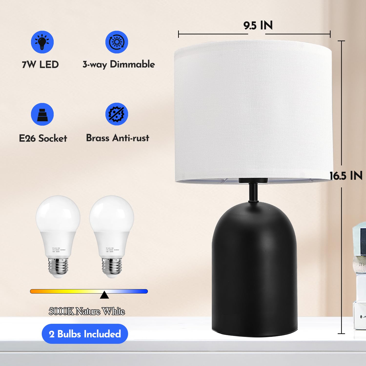 Momyofdy Bedroom Table Lamps Touch Control Bedside Lamps Set Of 2 Dimmable Lamps For Nightstand Small Modern Table Lamp Black& W