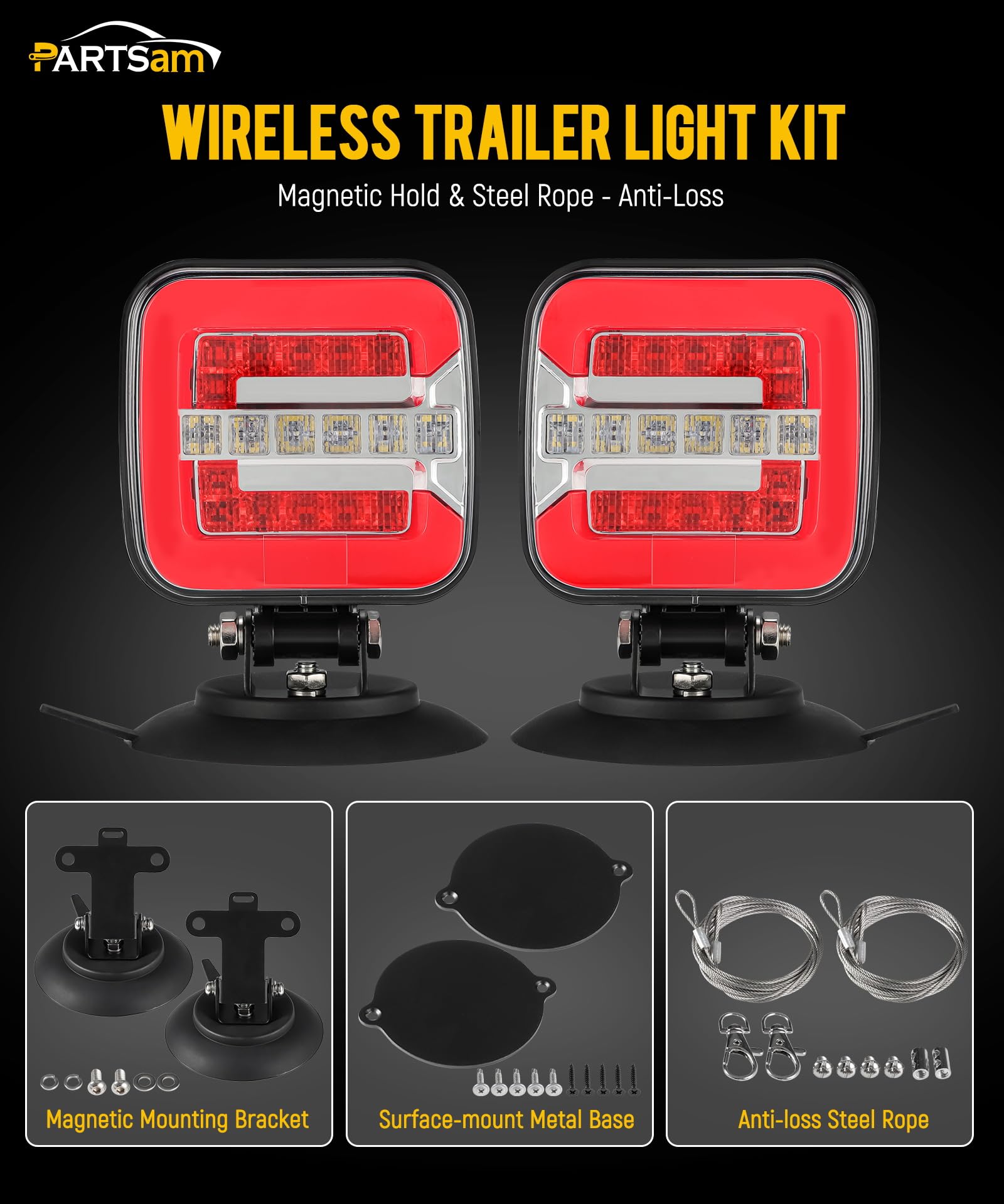 Partsam Wireless LED Trailer Light Kit - Square Magnetic Tail Lights, 12-24V, IP67 Waterproof, Red, Metal & Plastic, 7-Pin Plug