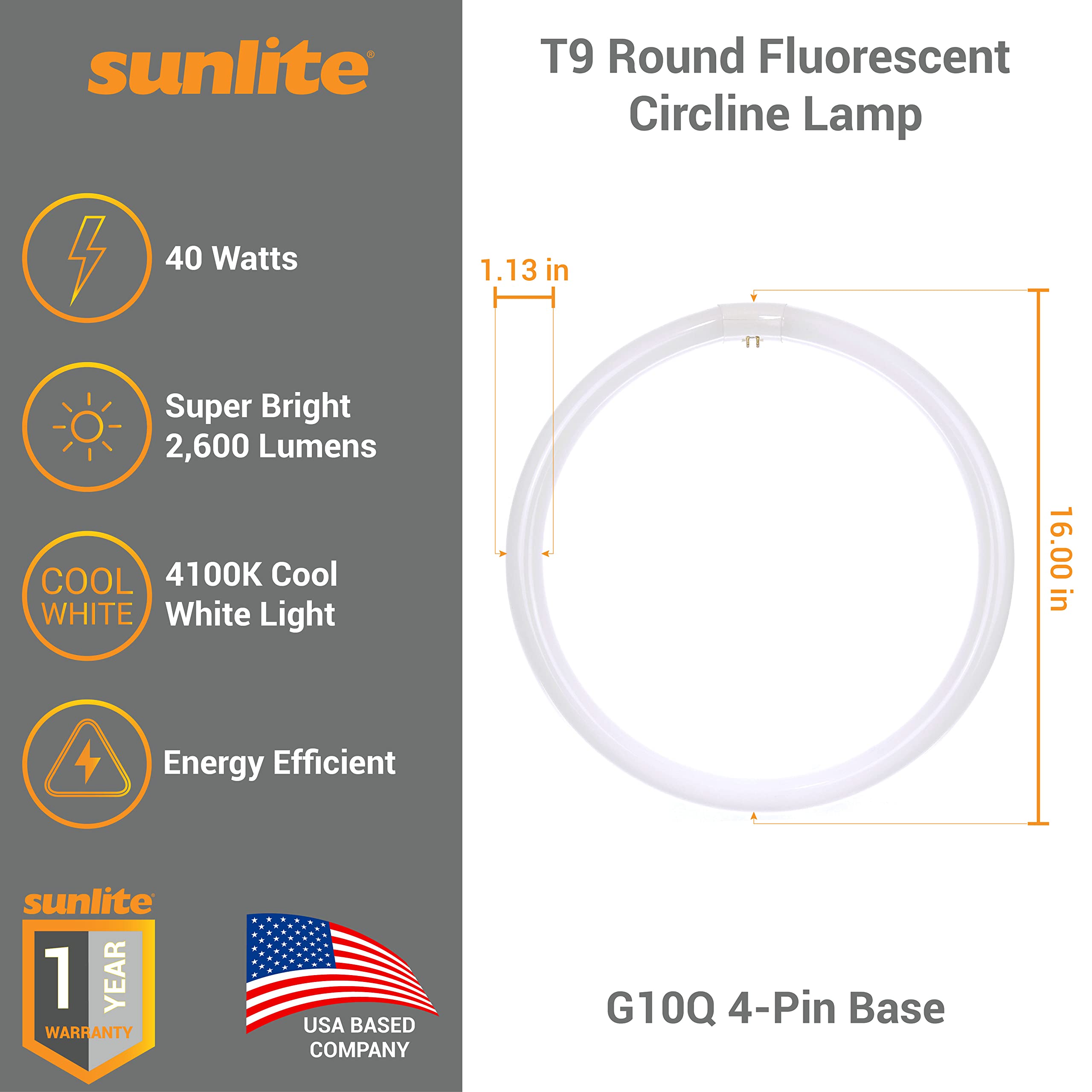Sunlite 41524 FC16T9/CW T9 Round Fluorescent Circline Lamp, 40 Watts, 2600 Lumens, 4100K Cool White, RoHS Compliant, G10Q 4-Pin