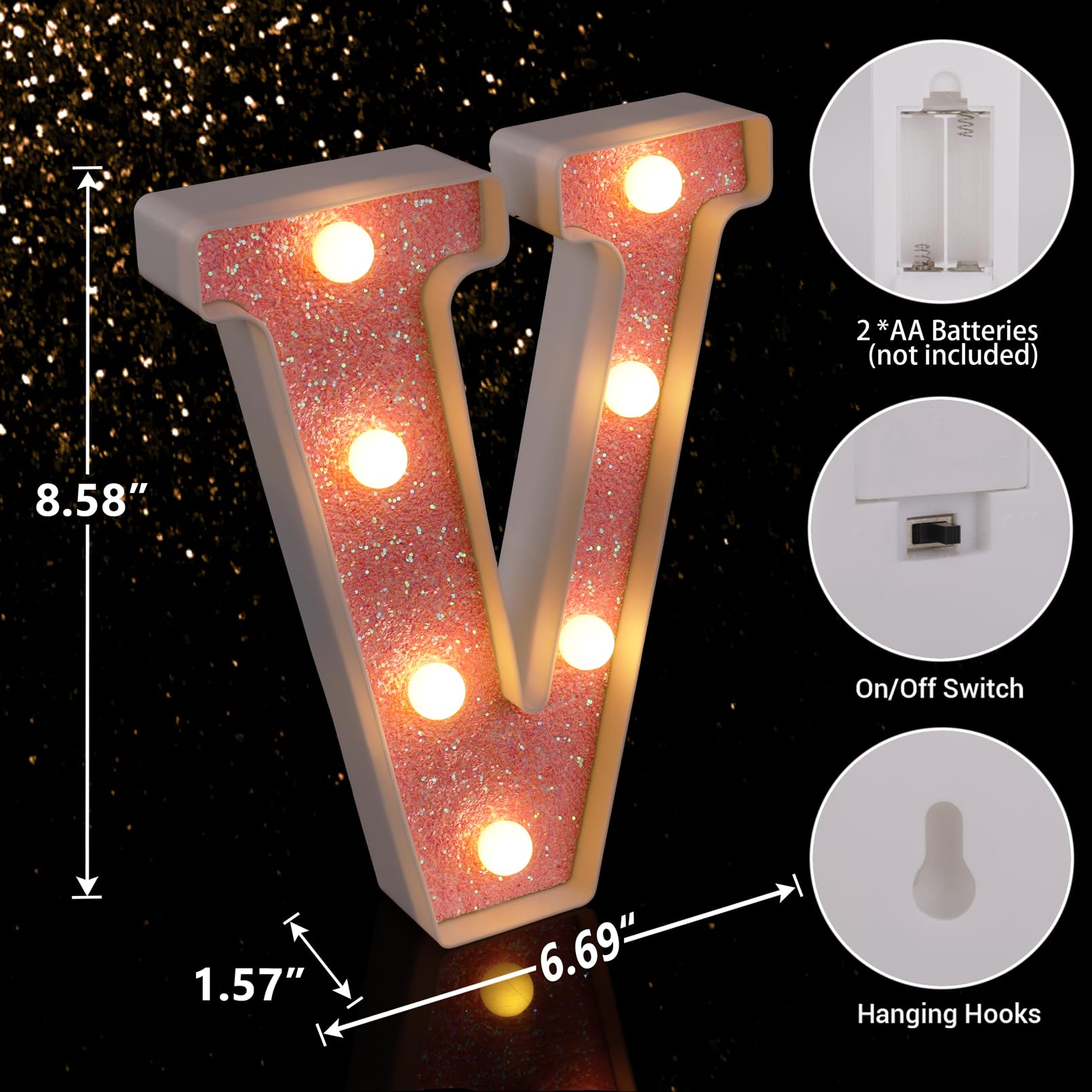TRONSBOO LED Letter Light - Pink Glitter Marquee Sign, Battery Powered, 6.69in x 8.58in x 1.57in, Model V, Plastic