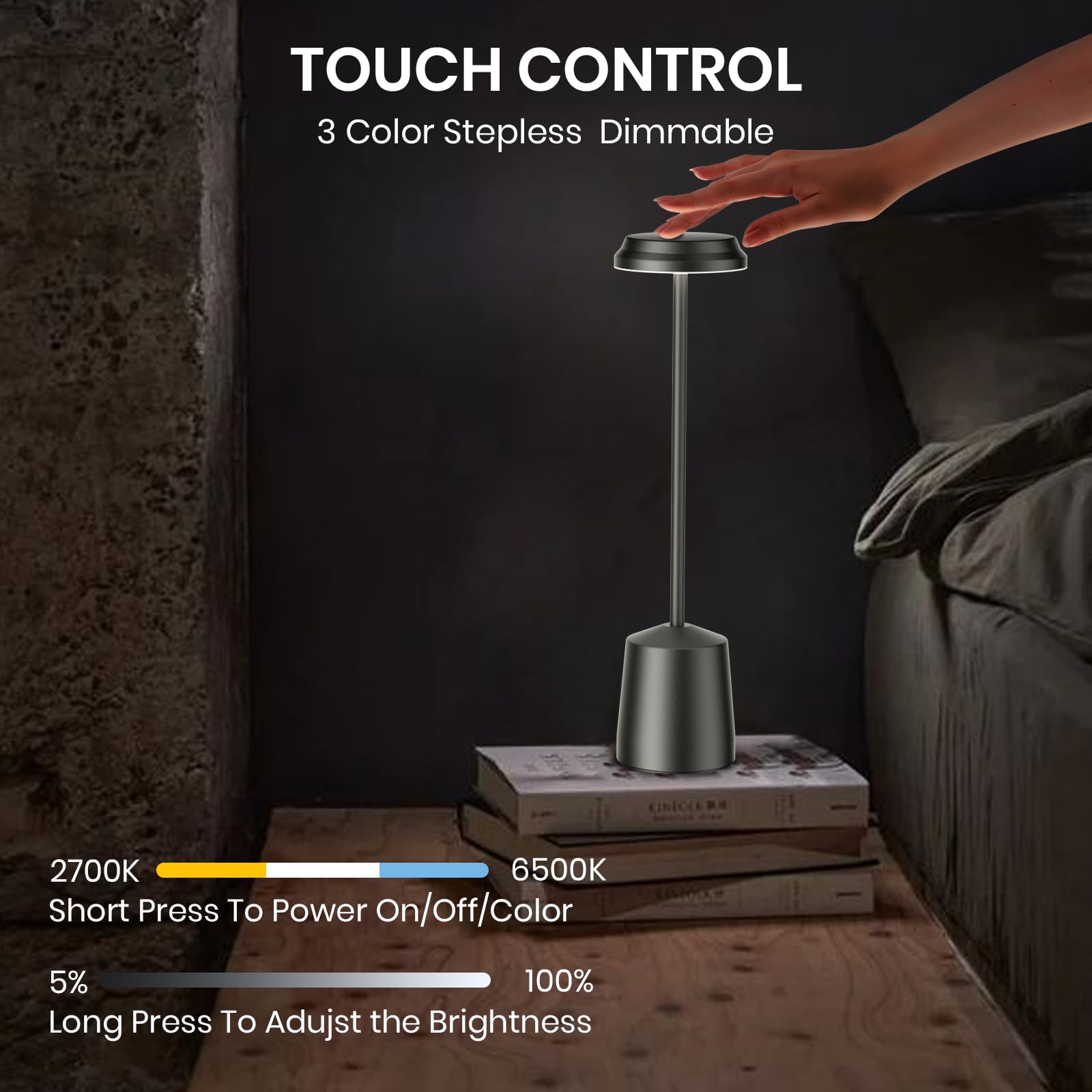 Aluminum Led Cordless Table Lamps Set Of 2, Portable Rechargeable 5000Mah Battery Operated Black Table Light, 3 Color Stepless D