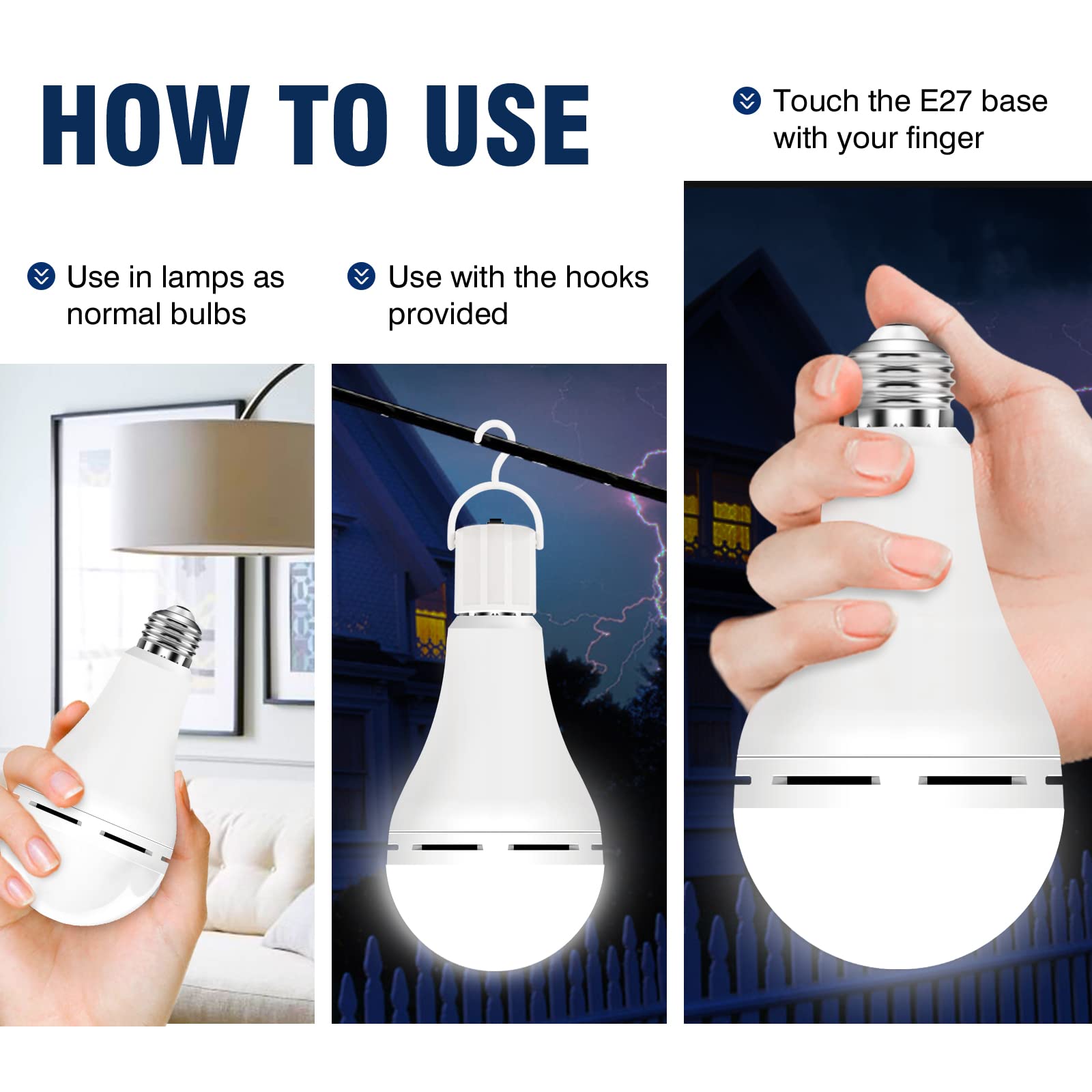 BoRccdit Emergency Rechargeable Light Bulb, 12W 6500K LED, 6 Pack, 1200 mAh Battery Backup, Cool White