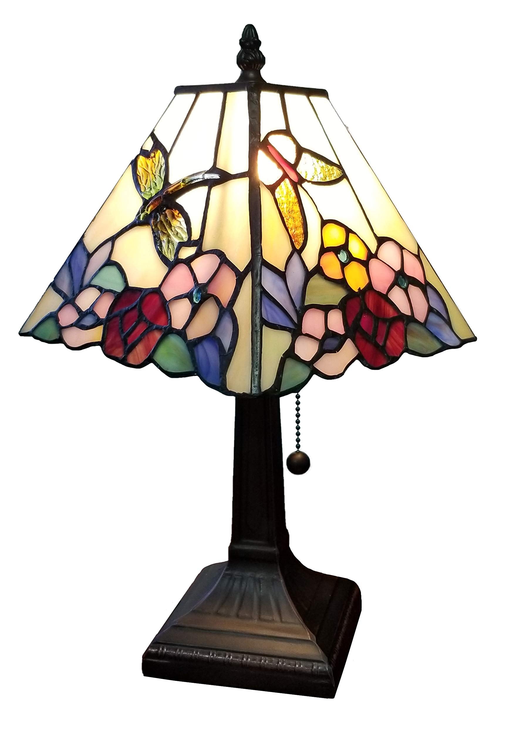 Amora Vintage Tiffany Table Lamp - Floral Mission Style Table Night Light - White  Colorful Glass Nightstand Lamp - 15  Tall Stained Glass Lamp