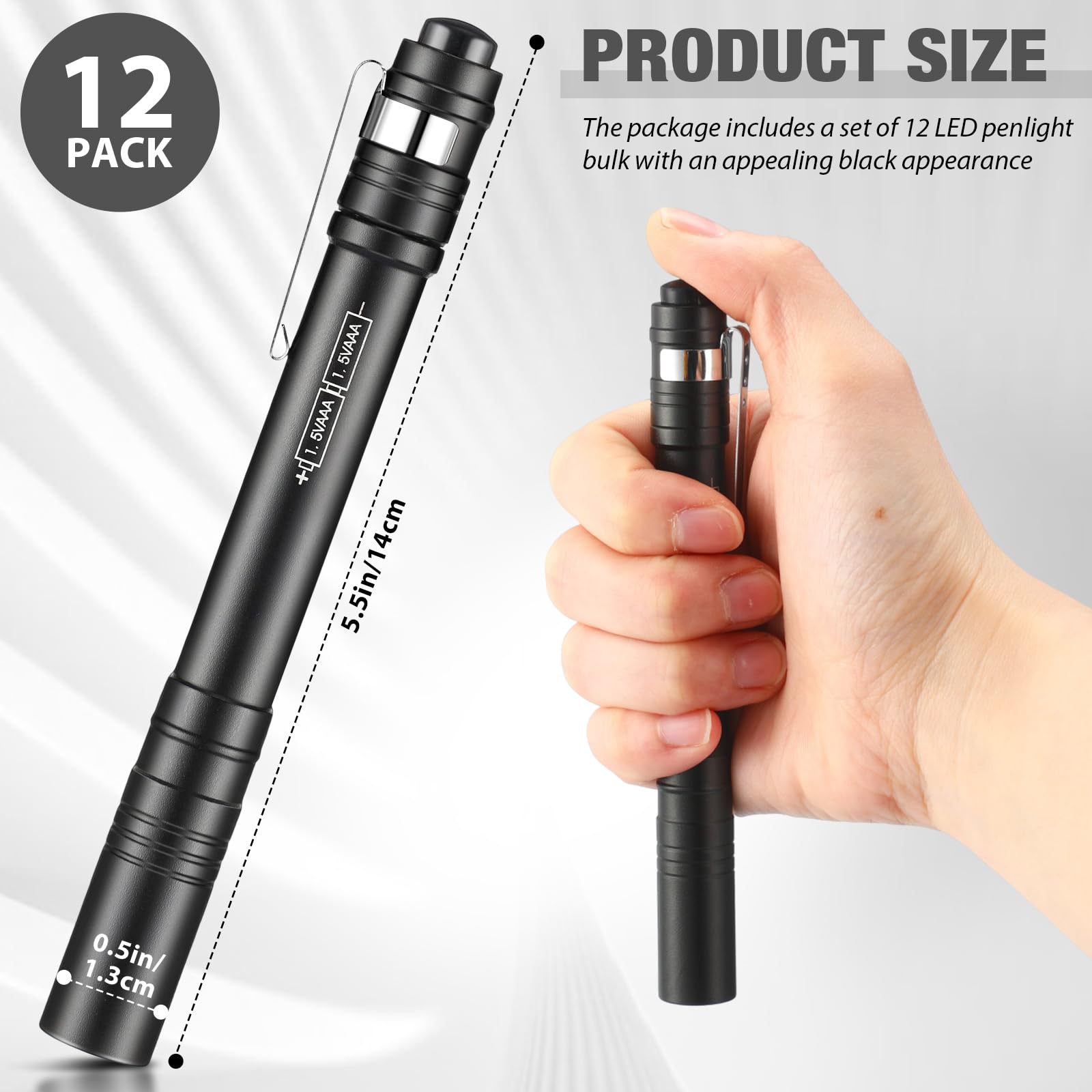 Tujoe LED Penlight Flashlight, Aluminum Mini Flashlight with Clip, Black, 12 Pack