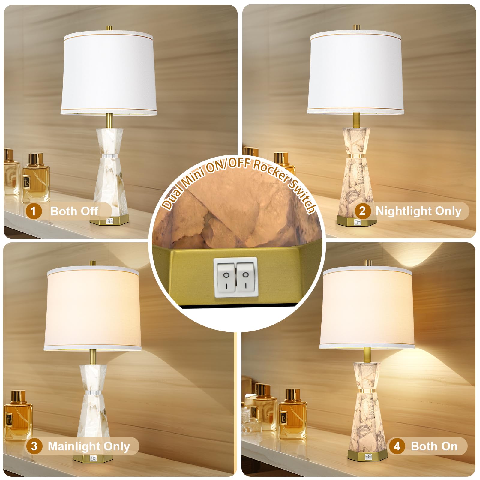 Natural Alabaster Table Lamp,Living Room Lamps Set Of 2,Nightstand Lamp With Night Light,Lamps For Living Room With Linen Fabric