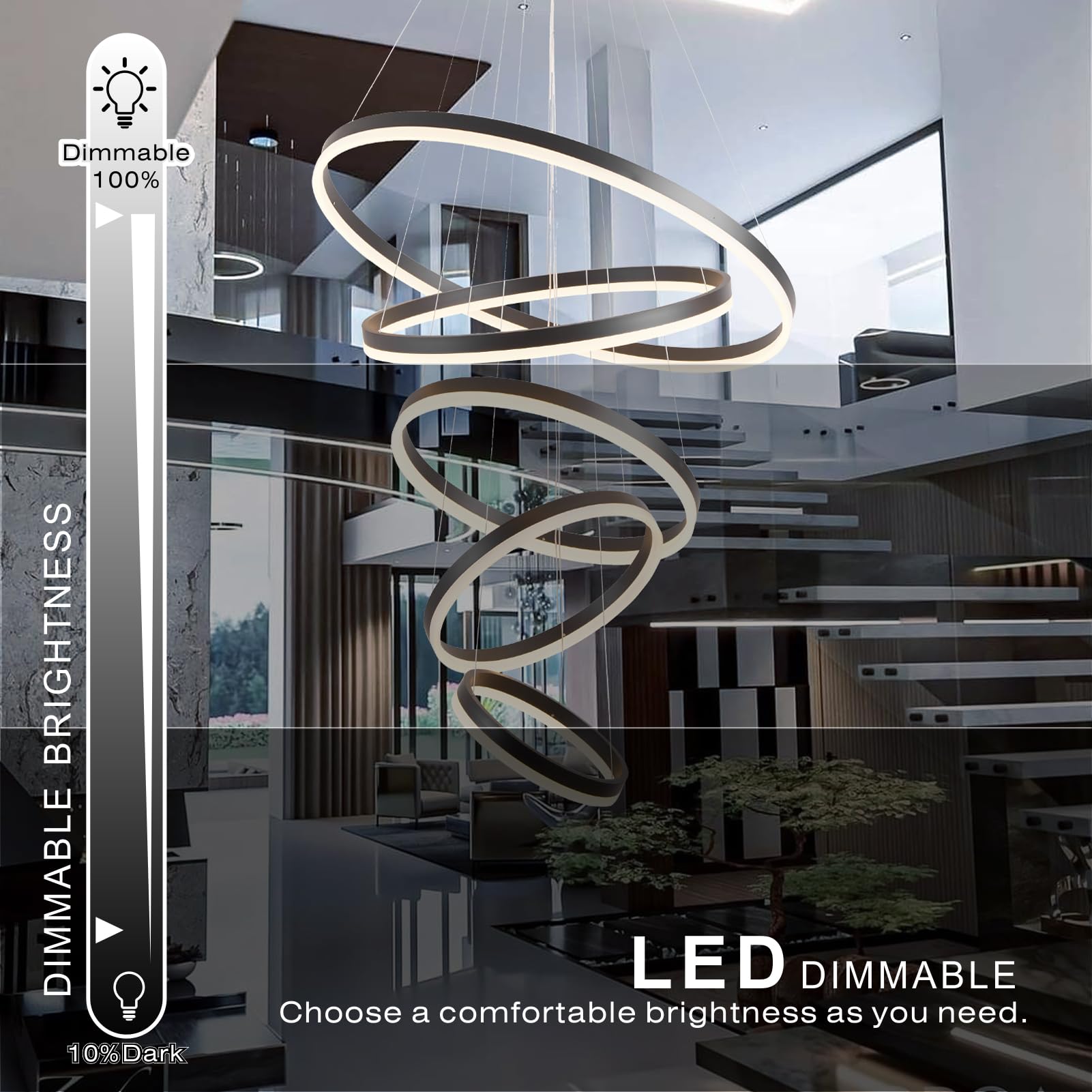Embring Modern Chandelier,5 Ring Led Chandelier,31.50" Large Modern Chandelier Light Fixture Height Adjustable High Ceiling Chandelier,Black Modern Led Chandelier For Entryway Dimmable With Remote