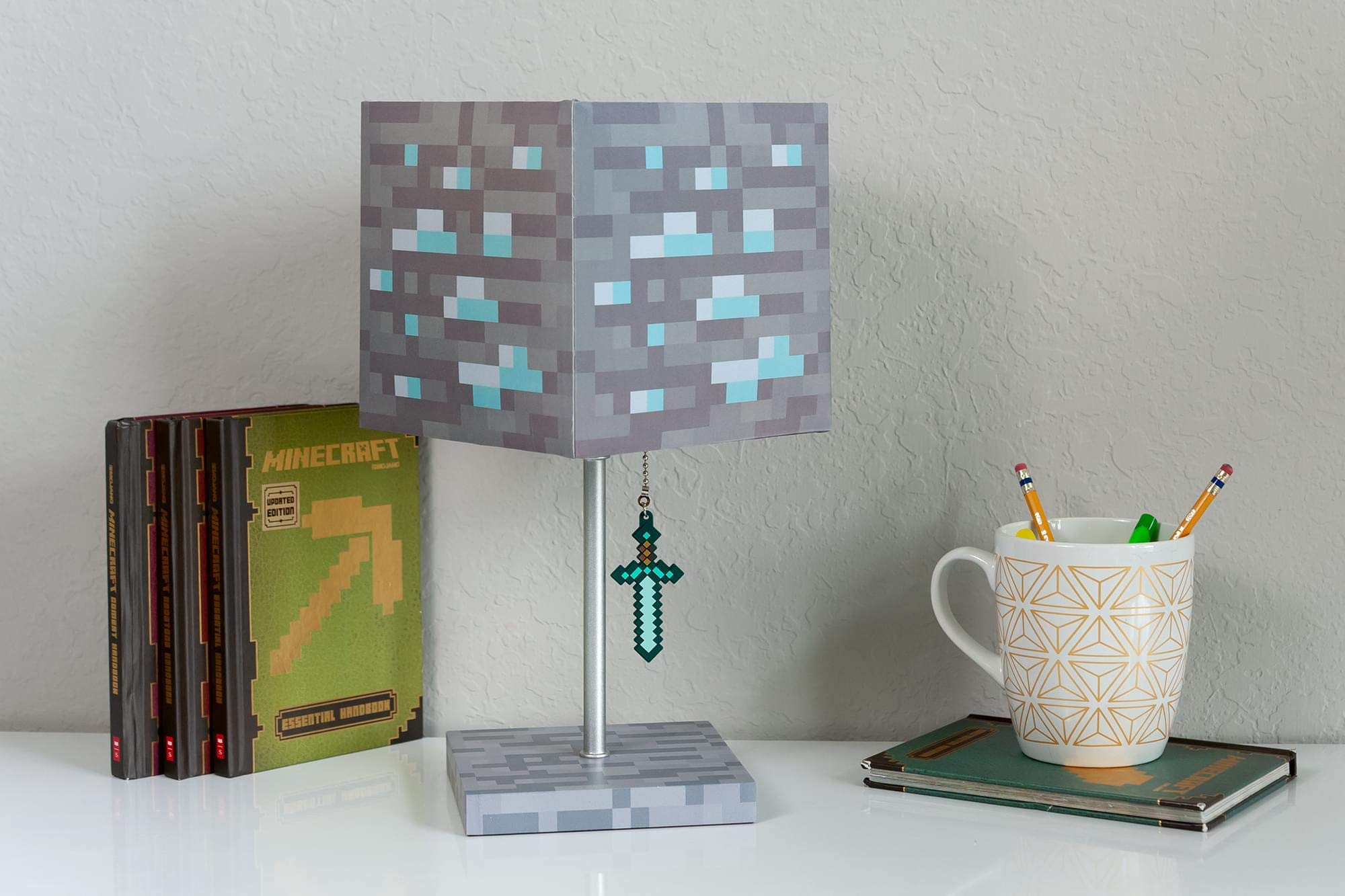 Minecraft Diamond Ore Block Led Lamp W/ 3D Diamond Sword Puller | 14-Inch Lamp