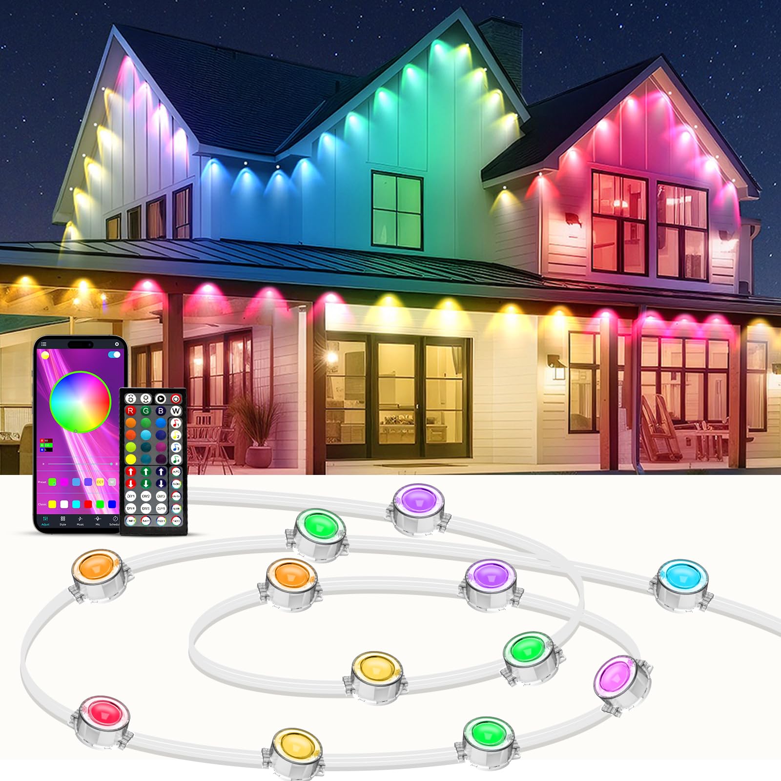 Ivrich 100Ft Permanent Outdoor Lights  Smart Rgb Eave Light With Color Changing  App/Remote Control  Ip67 Waterproof  Music Sync  Timer Function  For Halloween  Christmas  Party  Holiday Decor