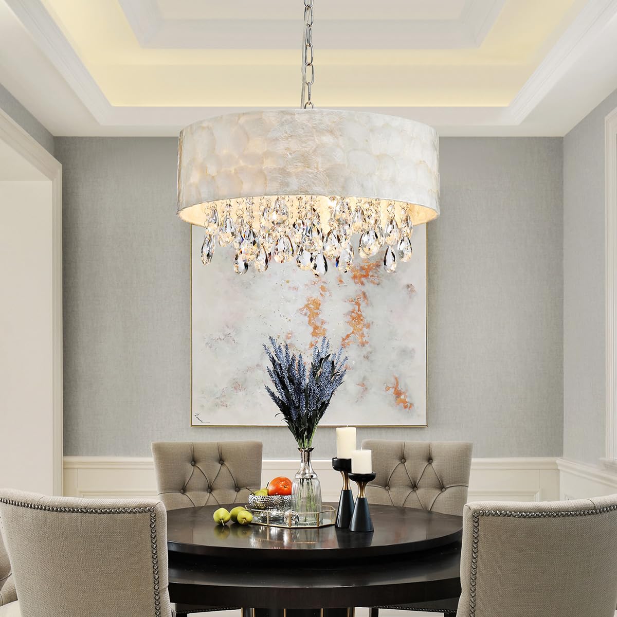 AGV LIGHTING CH020 Capiz Shell Pendant Light, Modern K9 Crystal, 4 E12 Sockets, D17xH6, Adjustable 59" Chrome Chains, White & Clear