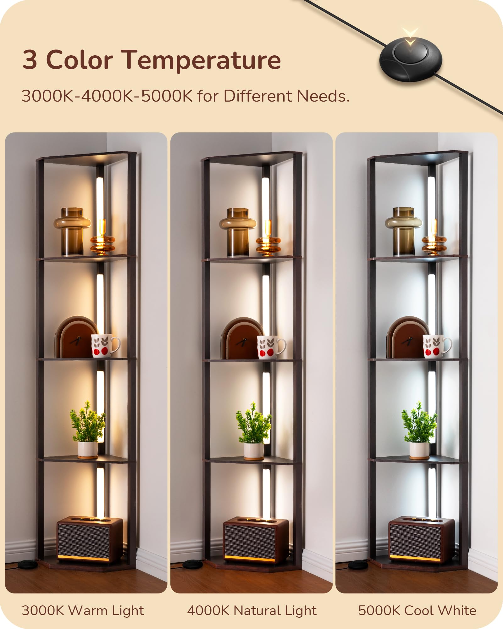EDISHINE 64in Corner Shelf Floor Lamp, Stepless Dimmable, 3CCT, Black Walnut, Model HFLHA1D, Wood, 12inD x 12inW