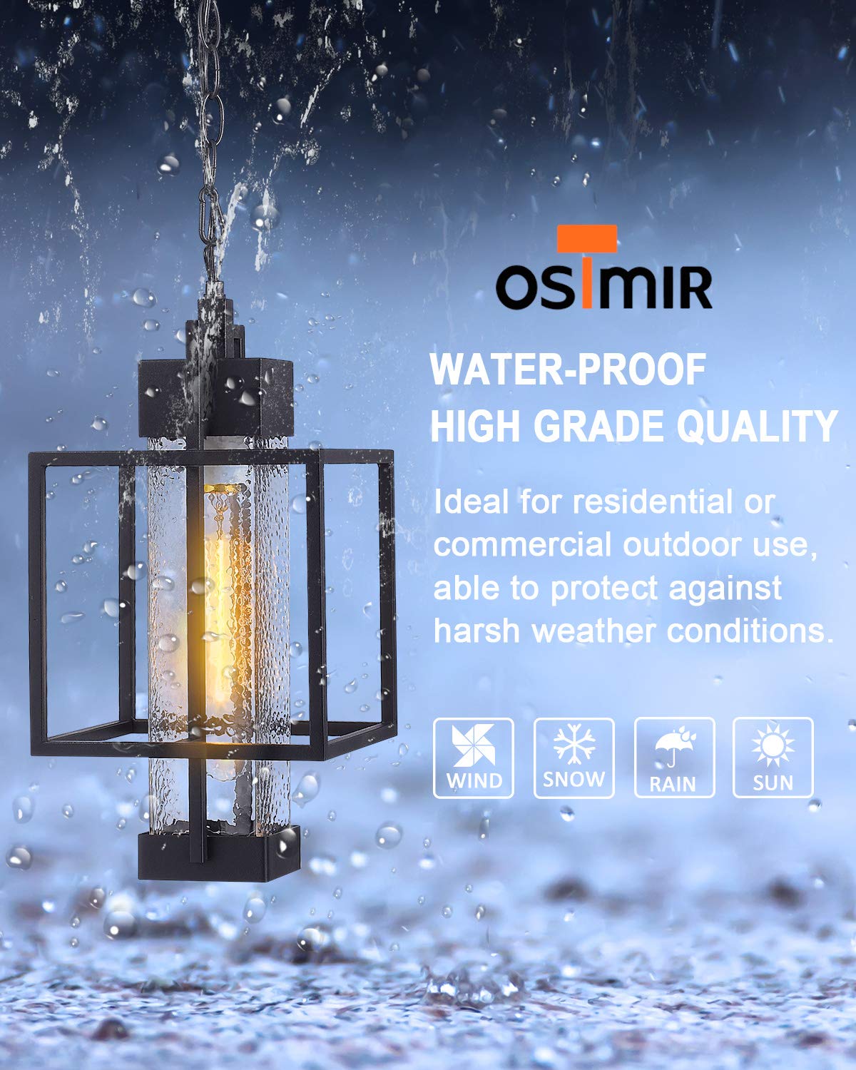 Osimir 16&quot; Outdoor Pendant Light - Modern Black Lantern With Bubble Glass For Porch & Entryway