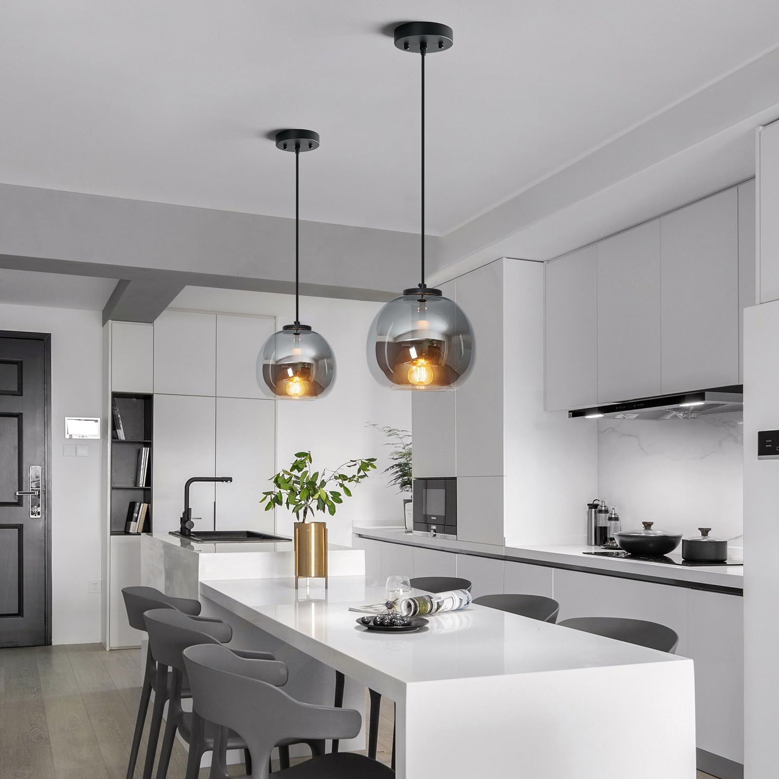 LBSQJ Glass Pendant Lights 2 Pack, 7.87" Smoke Gray Globe, Modern Black Hanging Fixture for Kitchen Island, Bedroom, Dining Room