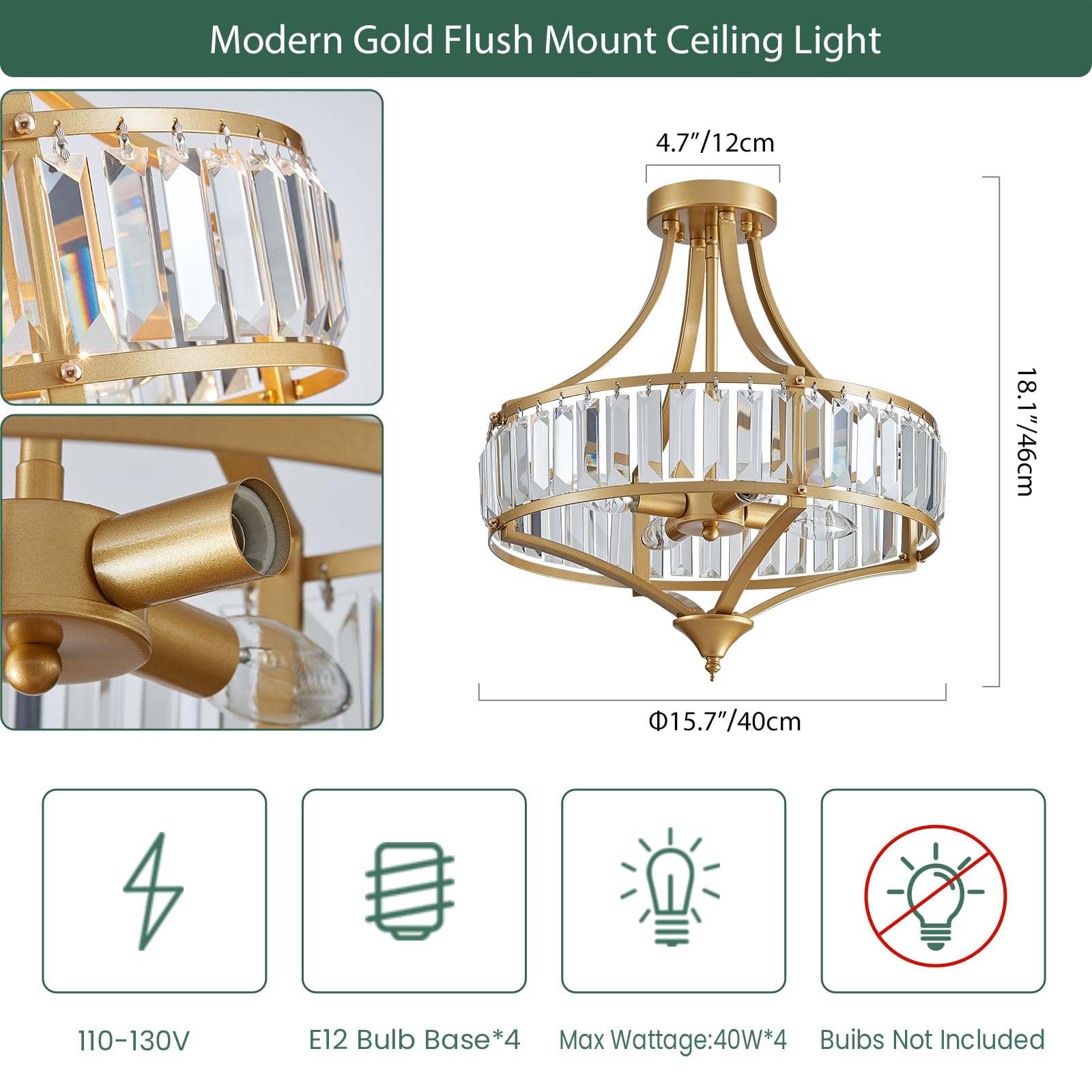 Avzkcy Modern Gold Crystal Chandelier 16 Inches Flush Mount Ceiling Light Fixtures 4-Light Rustic Round Dining Chandelier Suit F
