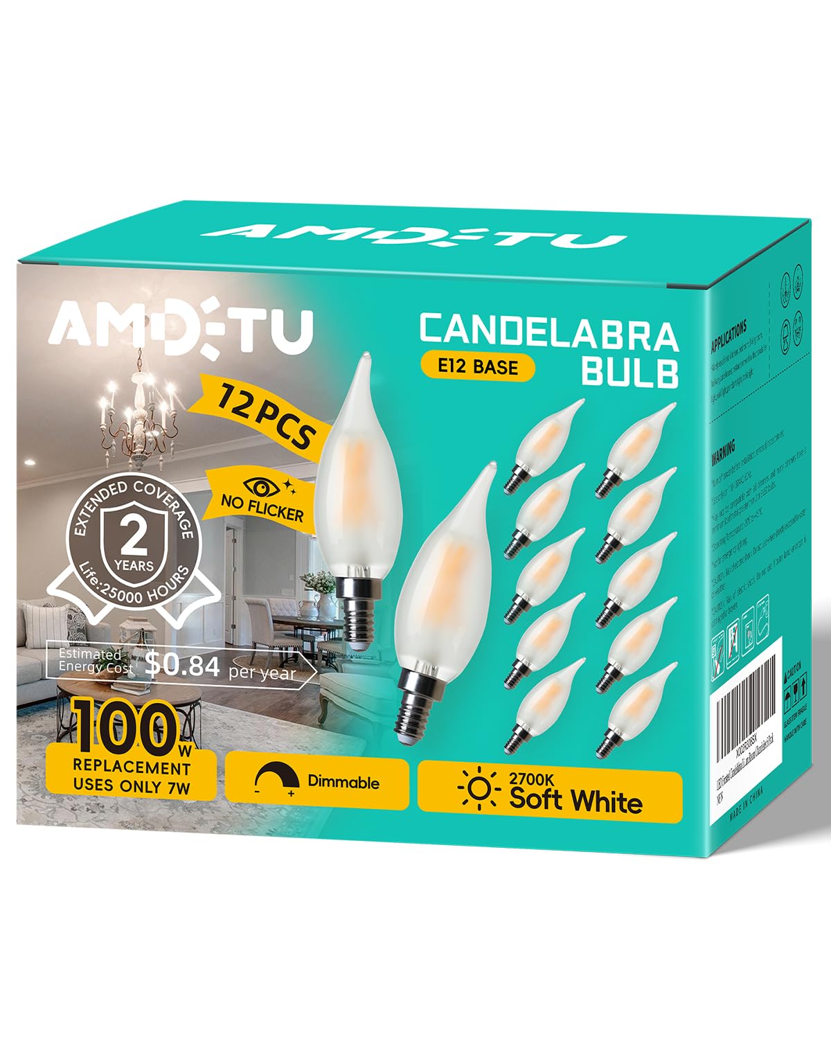 Amdtu 100W Equivalent E12 Frosted Led Candelabra Bulb, Dimmable Ca10 Candle, Small Base, Ideal For Living Rooms, Dining Rooms, A